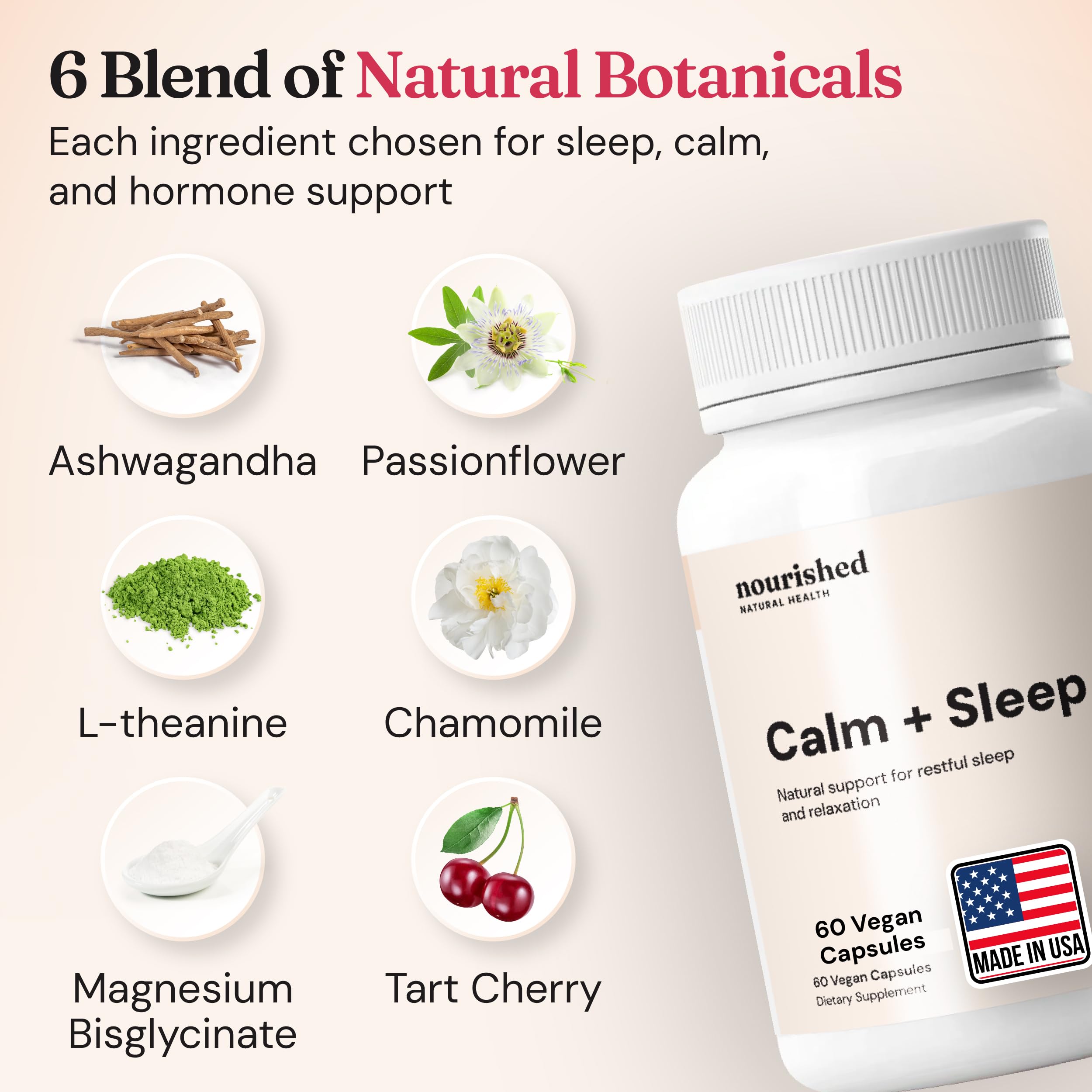Nourished Calm + Sleep 60 Capsules on a wooden table