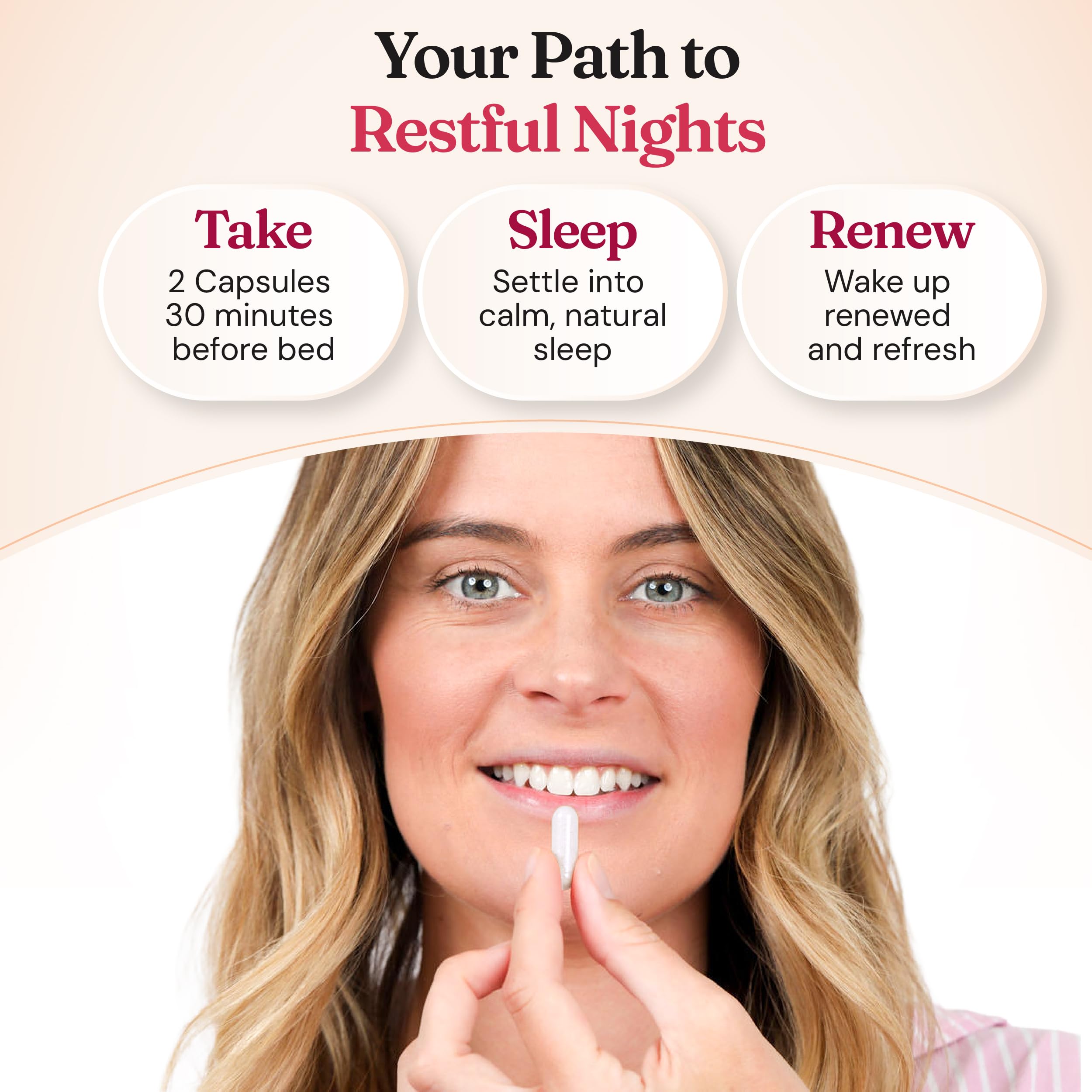 Nourished Calm + Sleep 60 Capsules with a glass of water