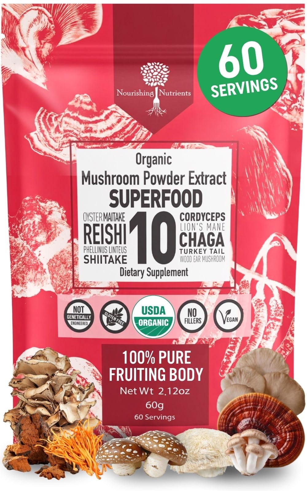 Nourishing Nutrients Organic Mushroom Powder Blend 60g front view