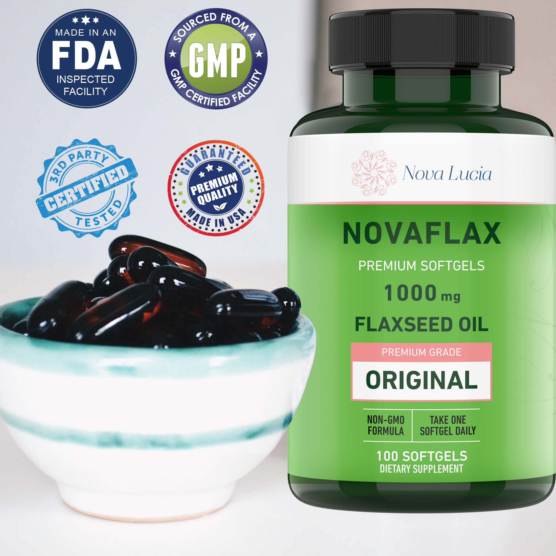 Nova Lucia Flax Seed Oil Softgels 1000mg bottle side view