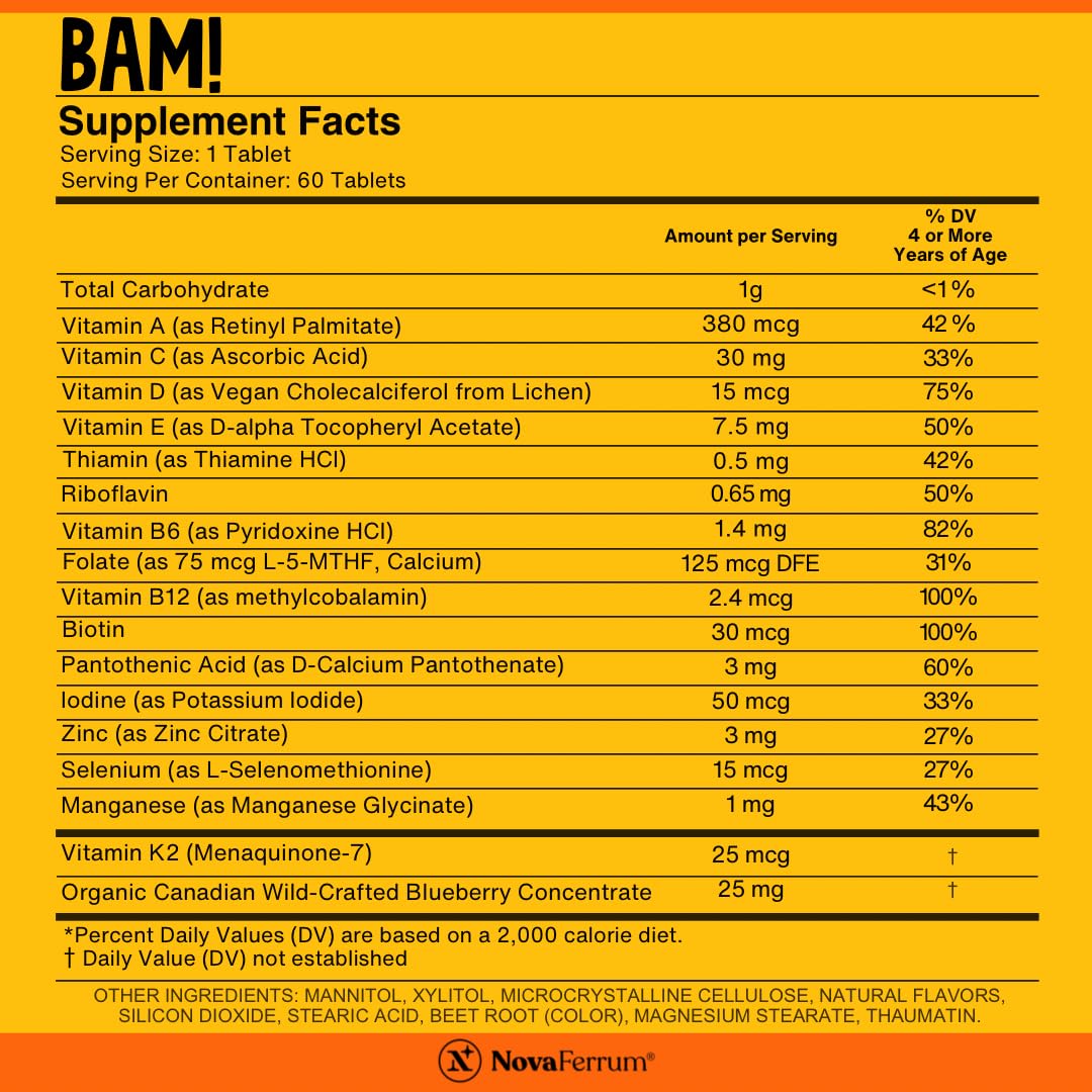 NovaFerrum Chewable Multivitamin back view with ingredient list
