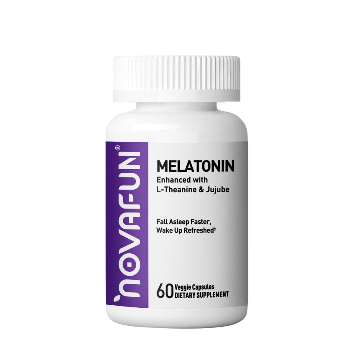 Novafun Melatonin 5mg Supplement front view, 60 capsules
