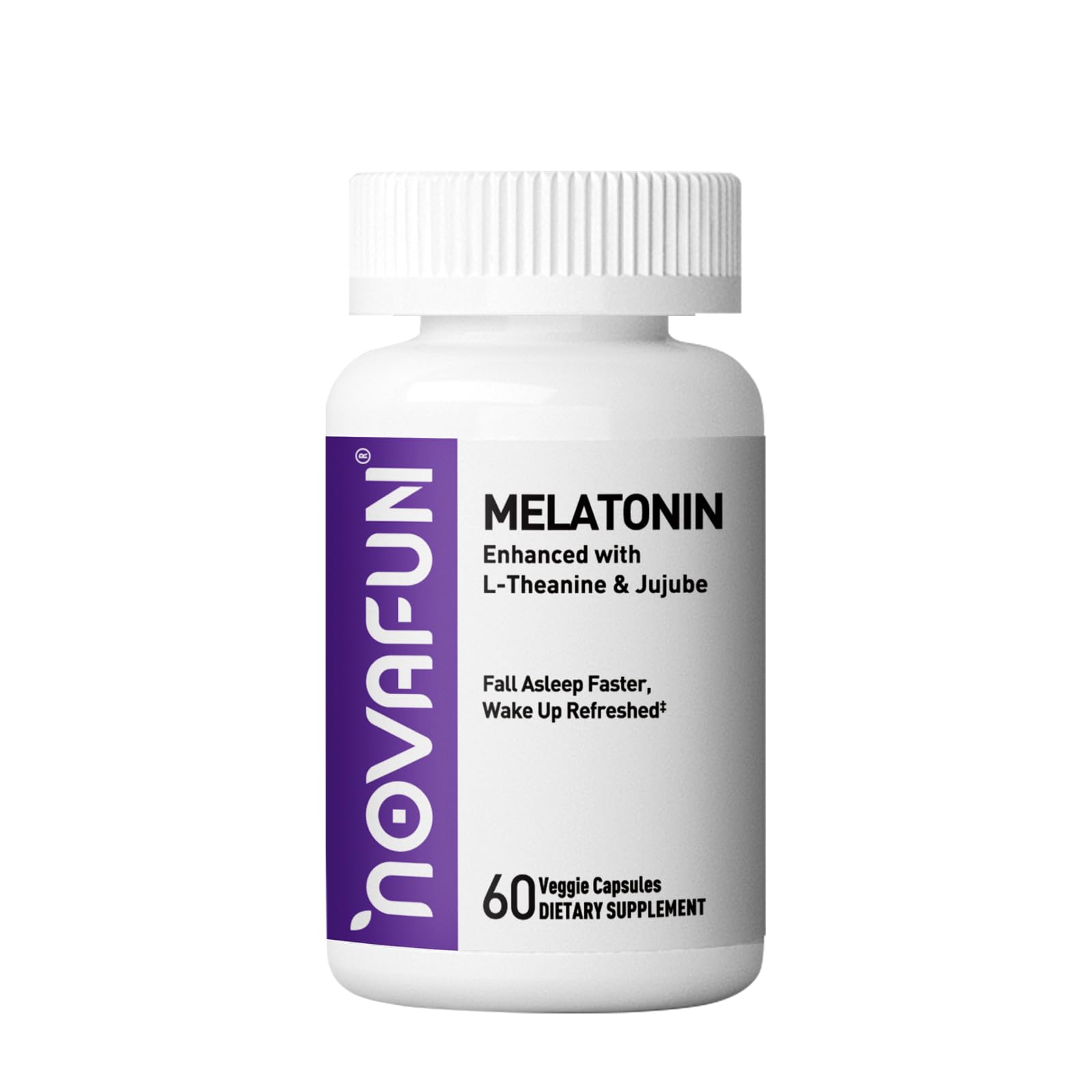 Novafun Melatonin 5mg Supplement front view, 60 capsules