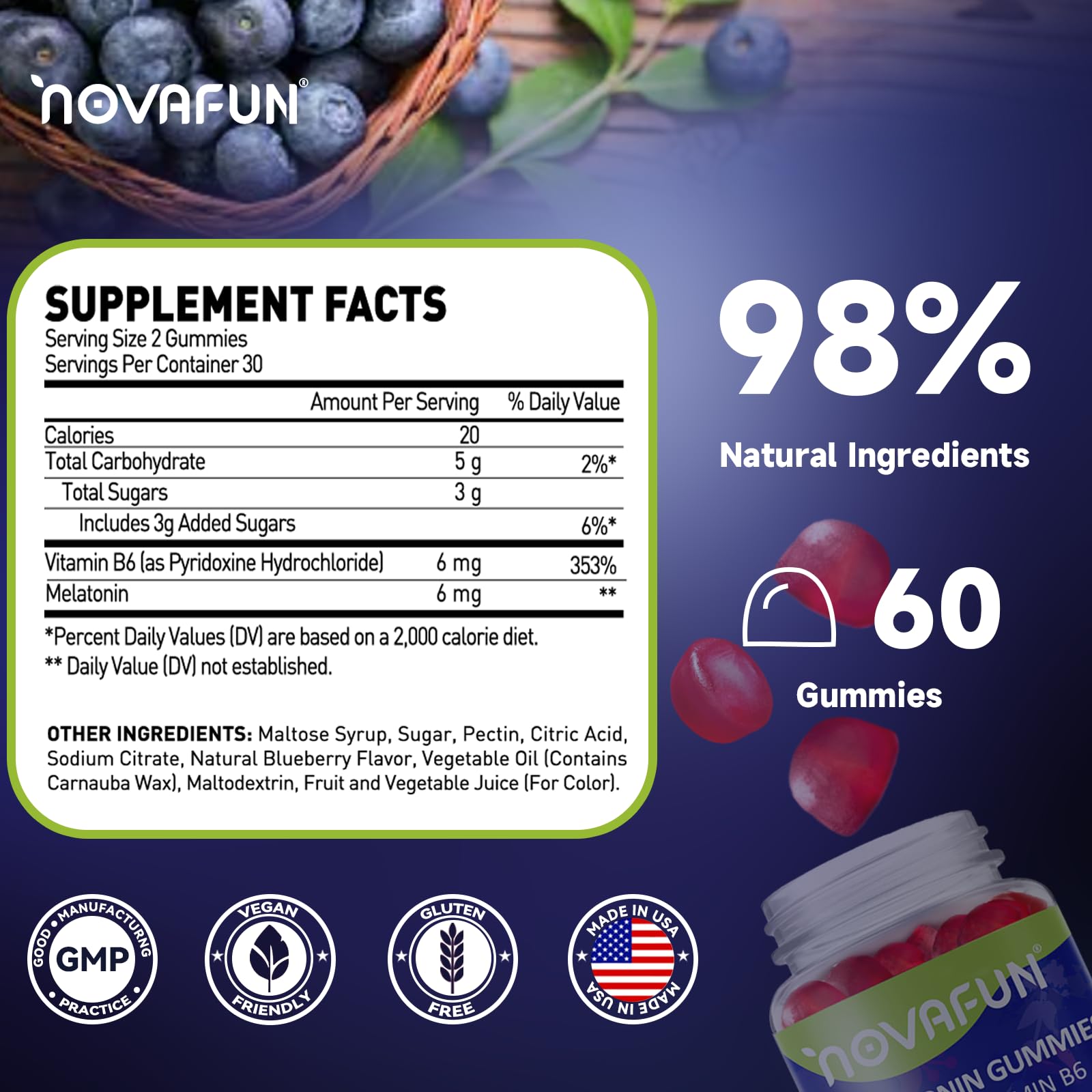 Novafun Melatonin Gummies 6mg side view of bottle