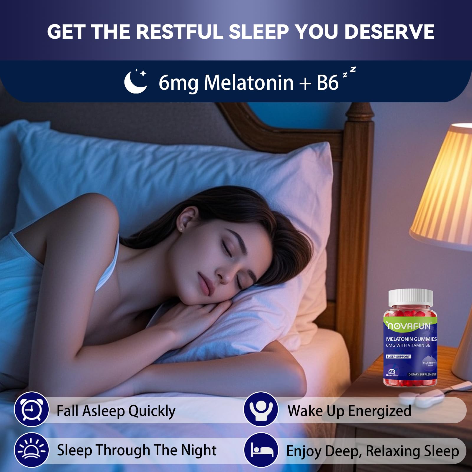 Novafun Melatonin Gummies 6mg with Vitamin B6 on a wooden table
