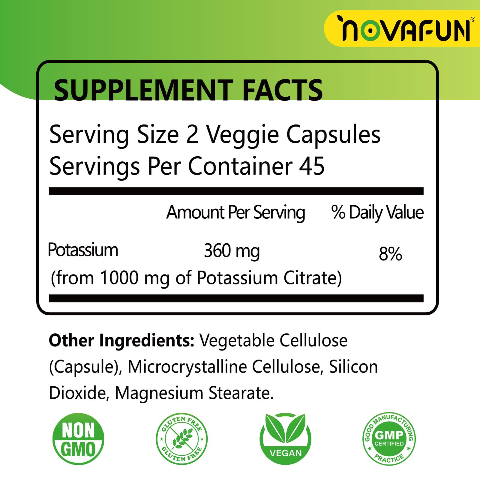 Novafun Potassium Citrate Supplement 1000mg bottle side view