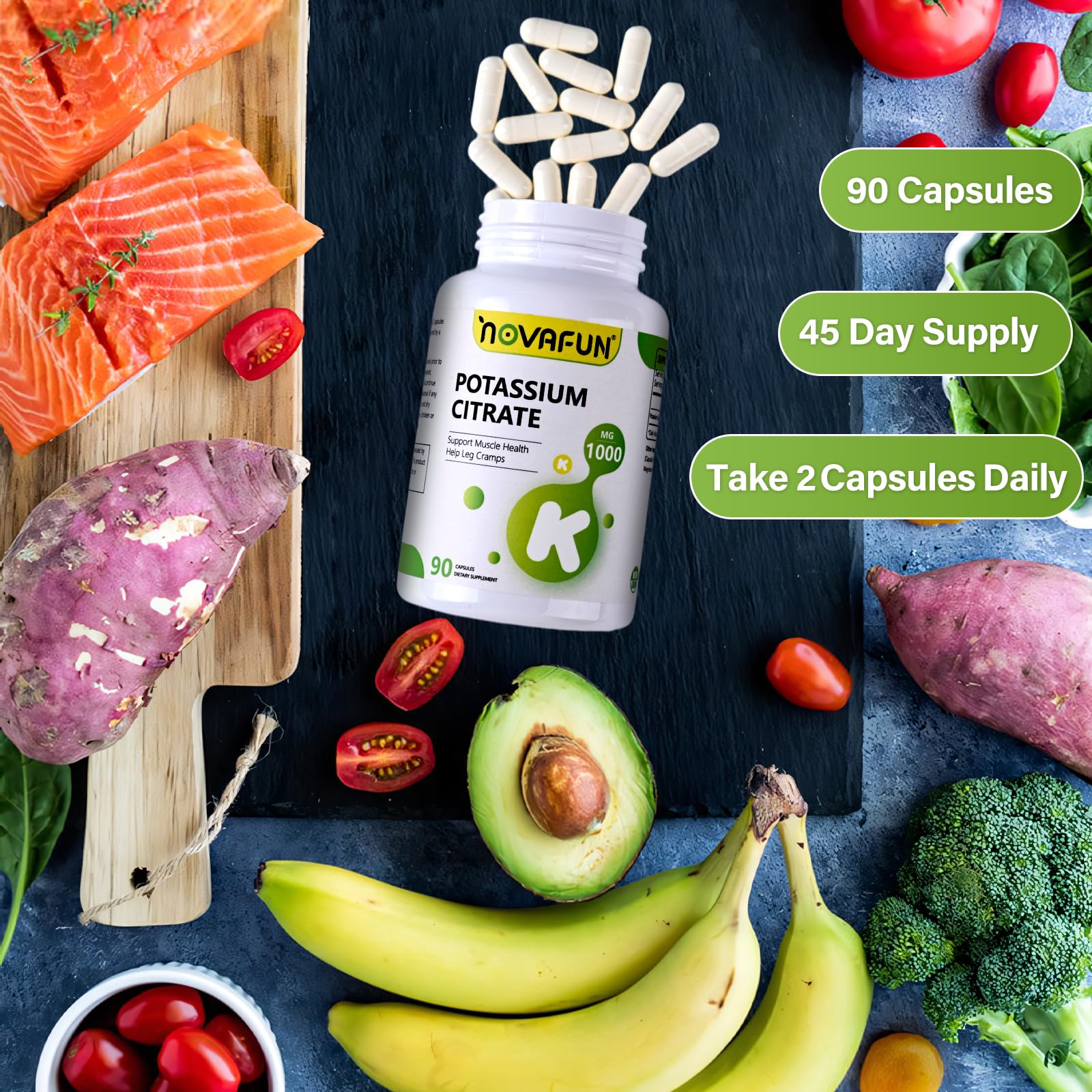 Novafun Potassium Citrate Supplement 1000mg on a wooden table