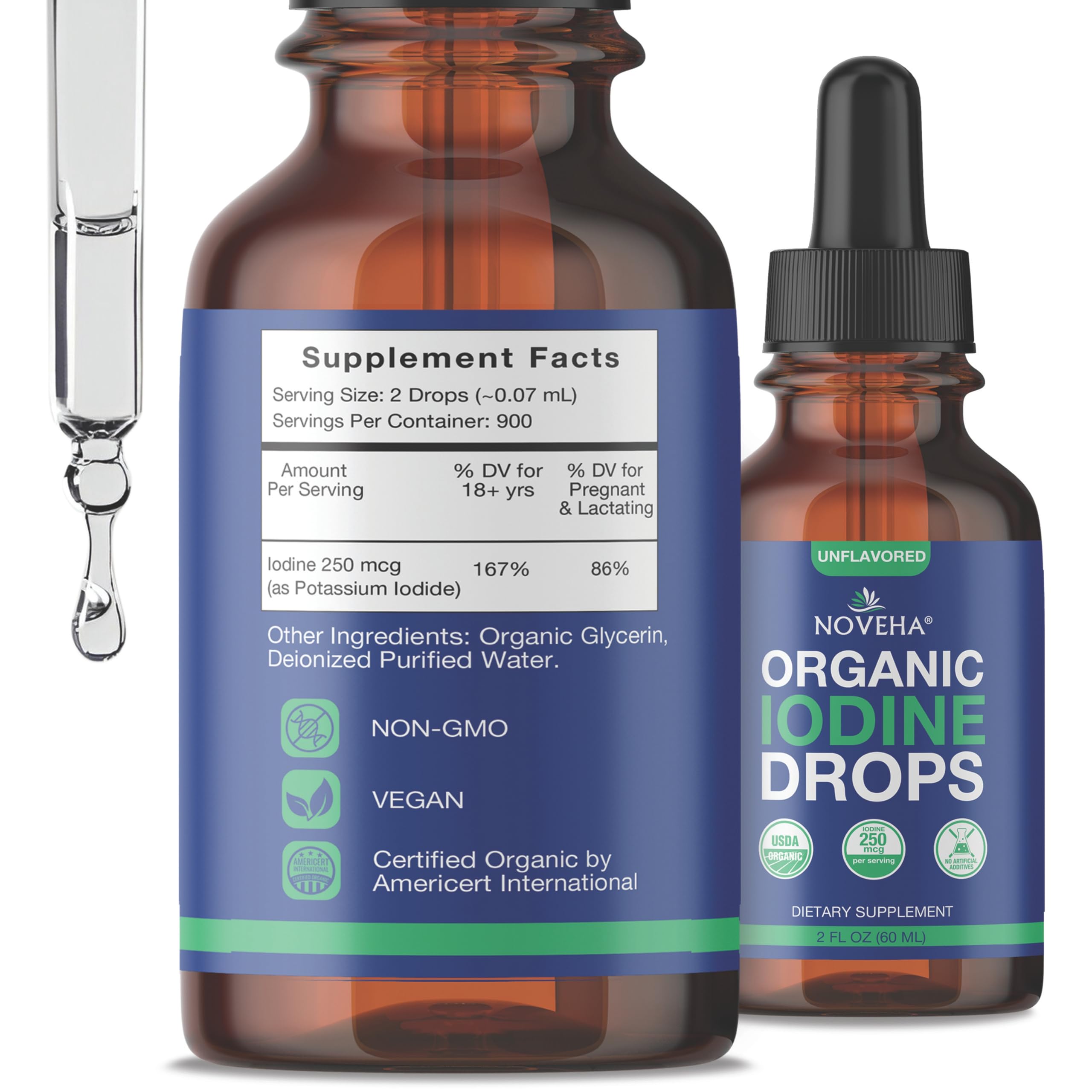 NOVEHA Iodine Drops liquid supplement in a glass of juice
