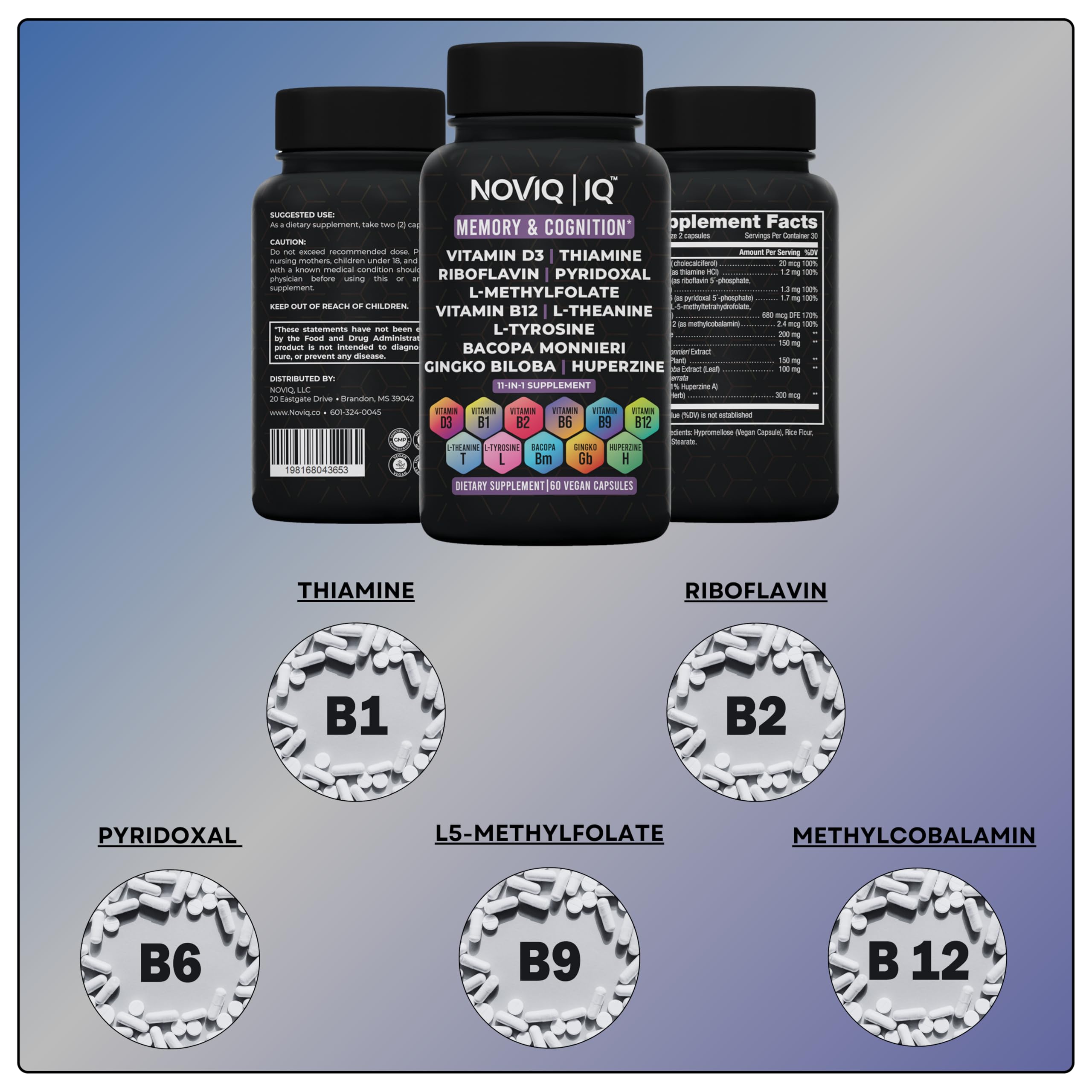 NOVIQ IQ 11-in-1 B-Complex Nootropic Brain Supplement on a wooden table