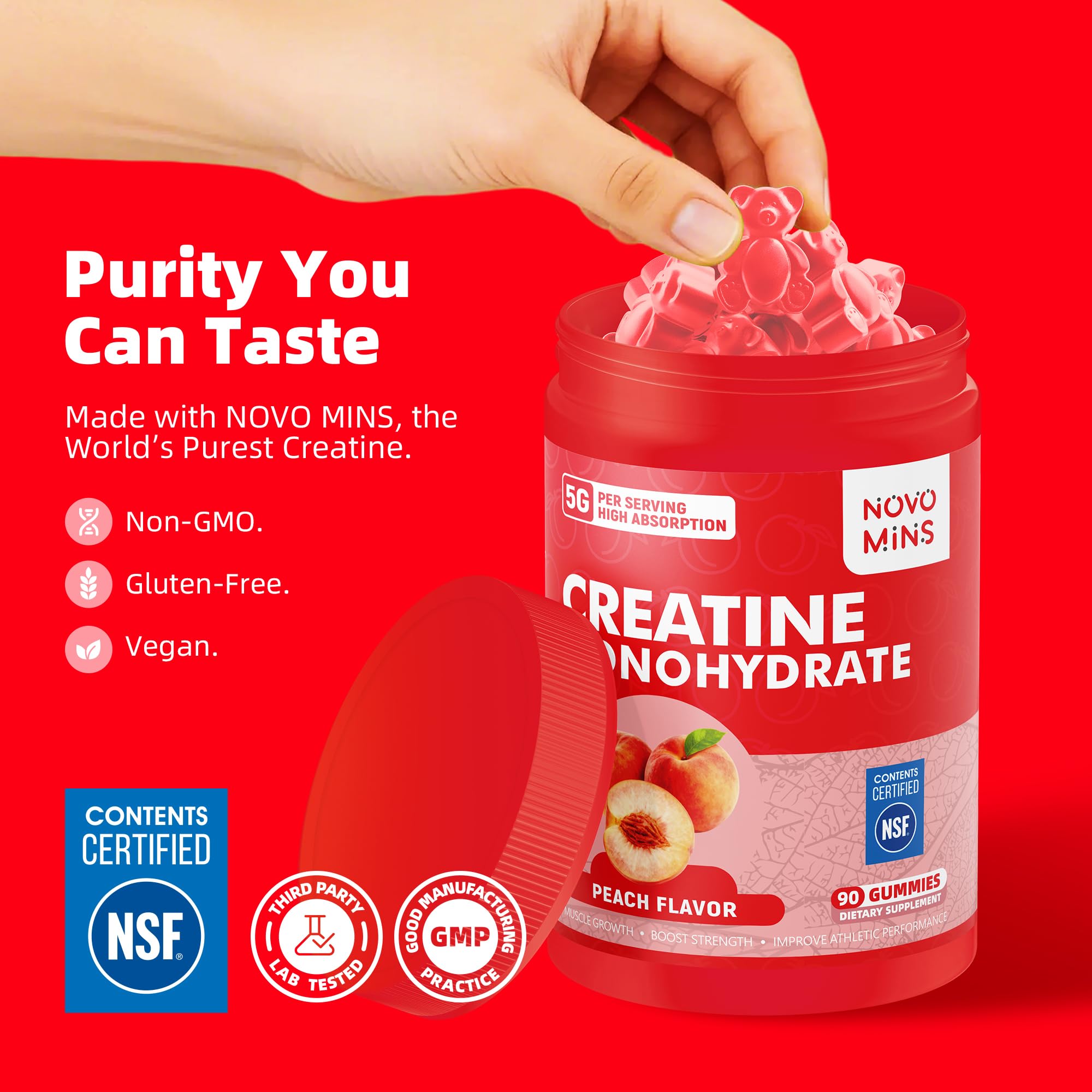 novomins Creatine Monohydrate Gummies back view with nutritional information