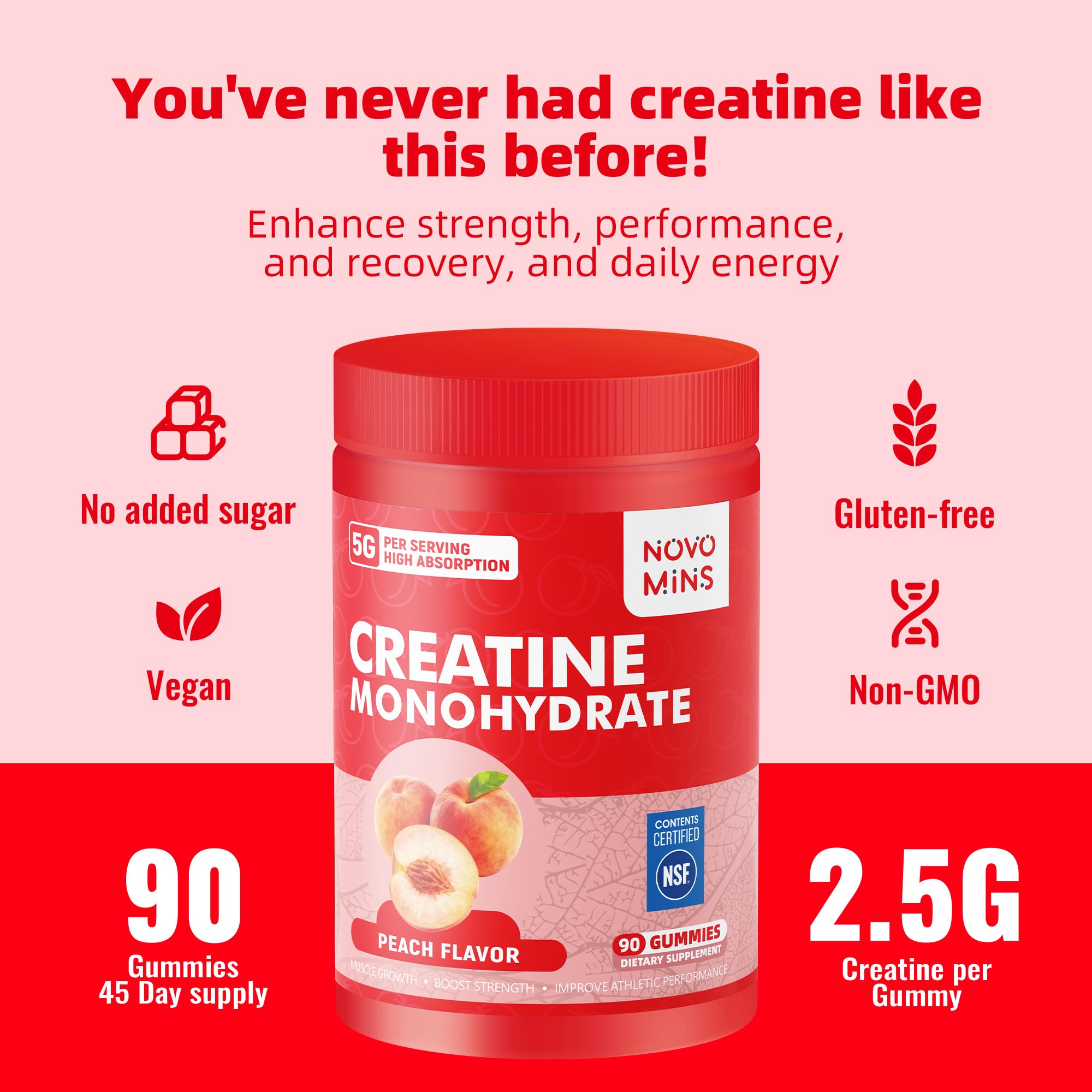 novomins Creatine Monohydrate Gummies bottle on a wooden table