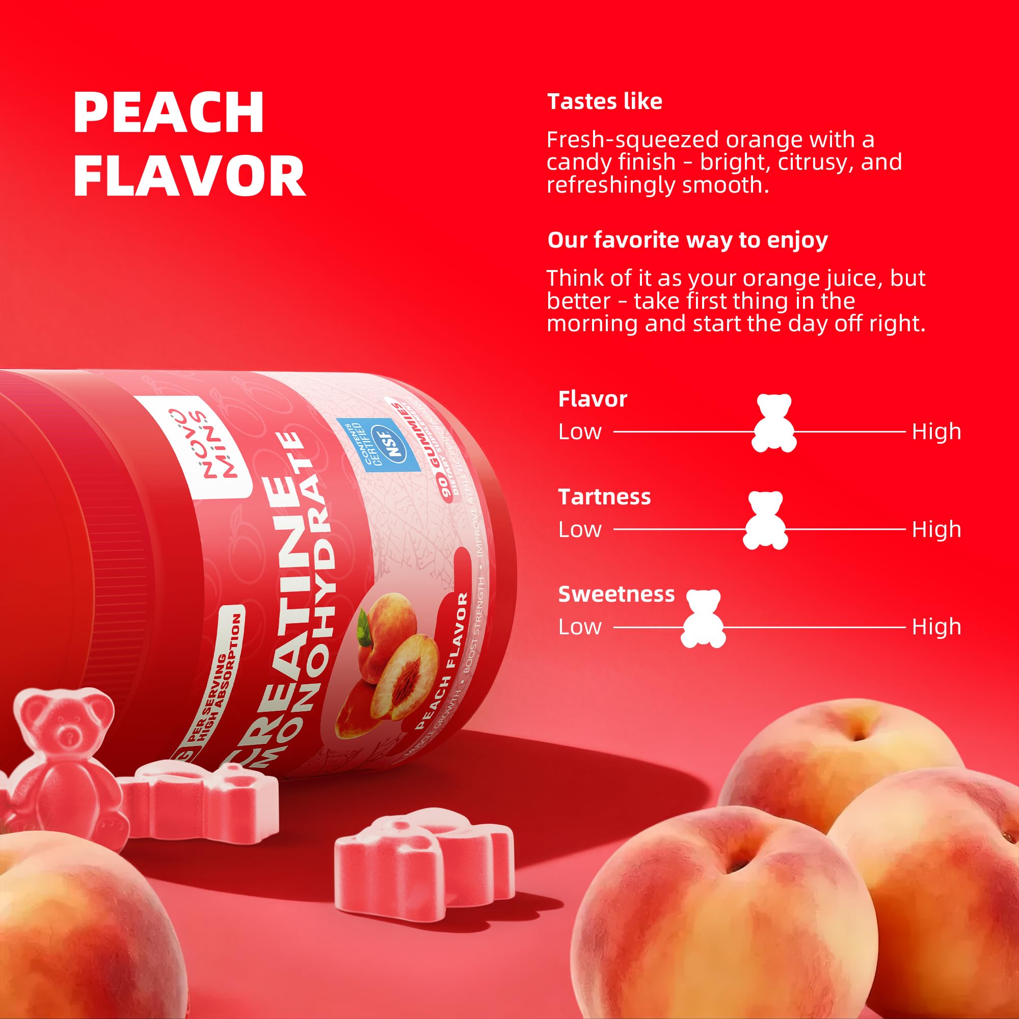 novomins Creatine Monohydrate Gummies displayed with fruits