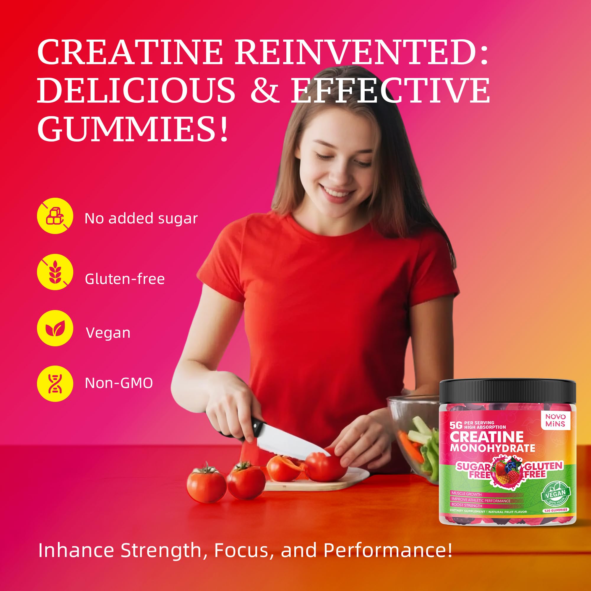 novomins Creatine Monohydrate Gummies lifestyle scene with fitness gear