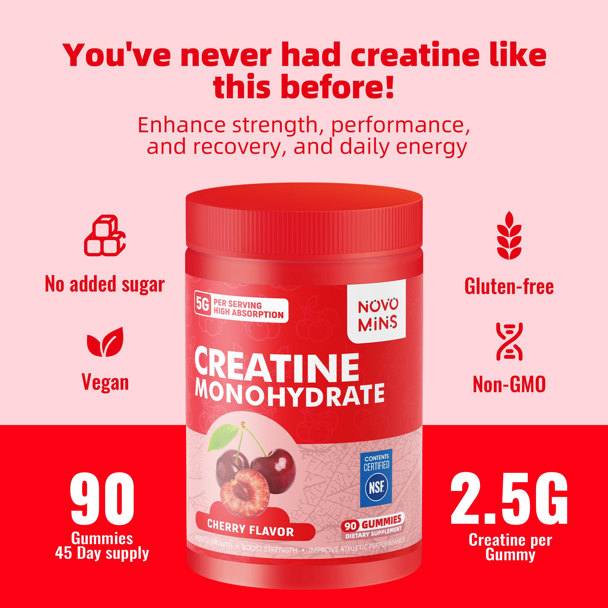 novomins Creatine Monohydrate Gummies on a gym bench