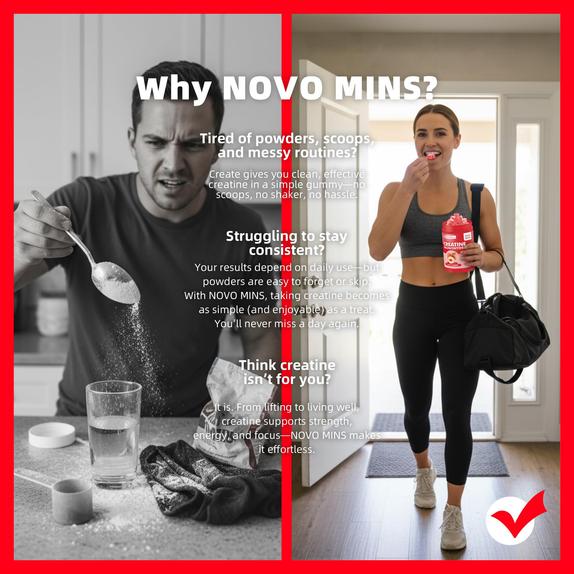 novomins Creatine Monohydrate Gummies with a measuring spoon