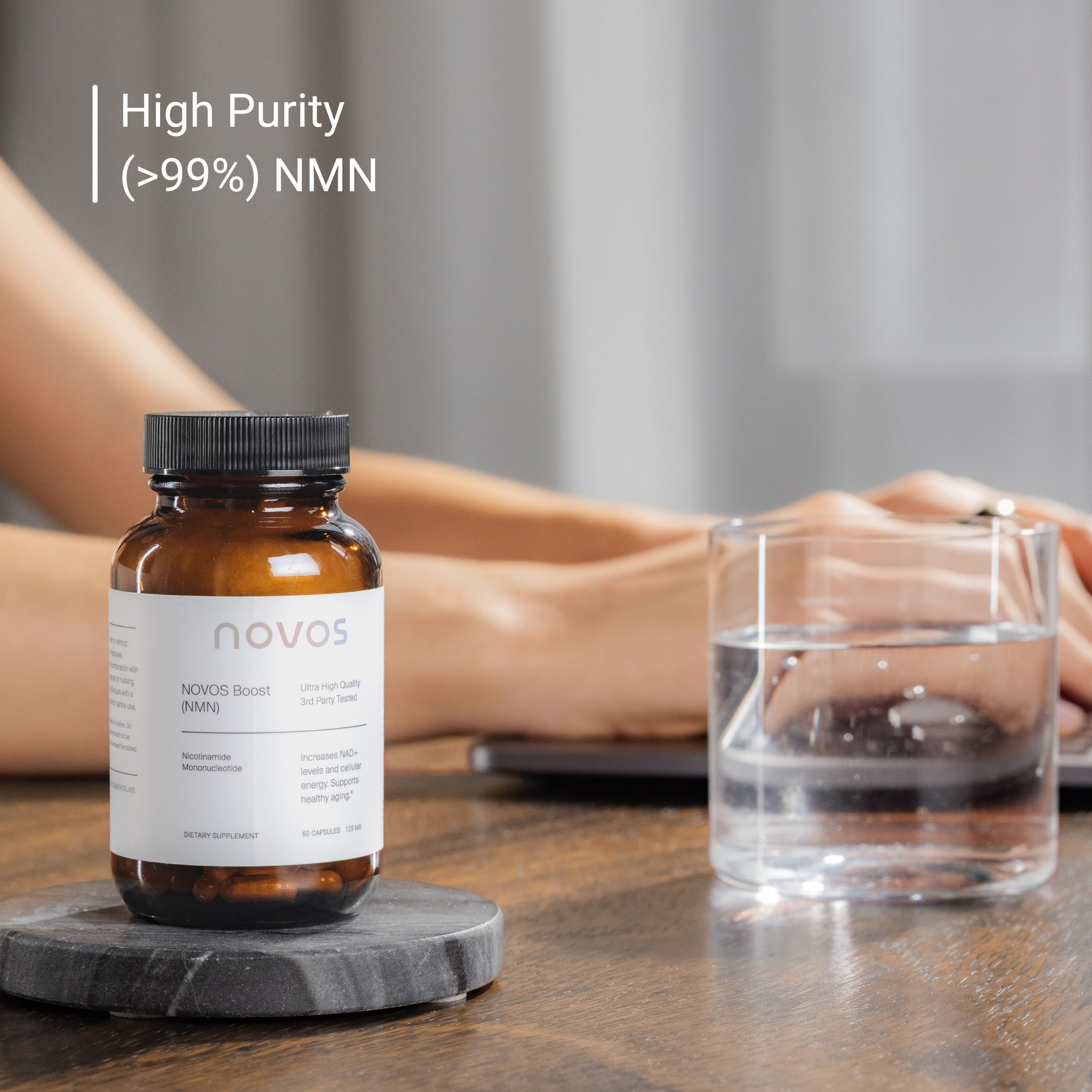 Novos NMN Supplement 250mg 60 Vegan Capsules bottle with label