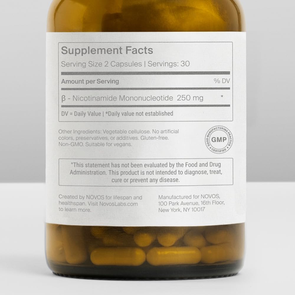Novos NMN Supplement 250mg capsules in hand