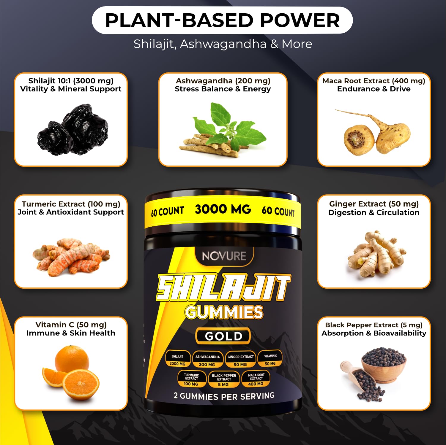 Novure Shilajit 3000mg supplement with ingredients