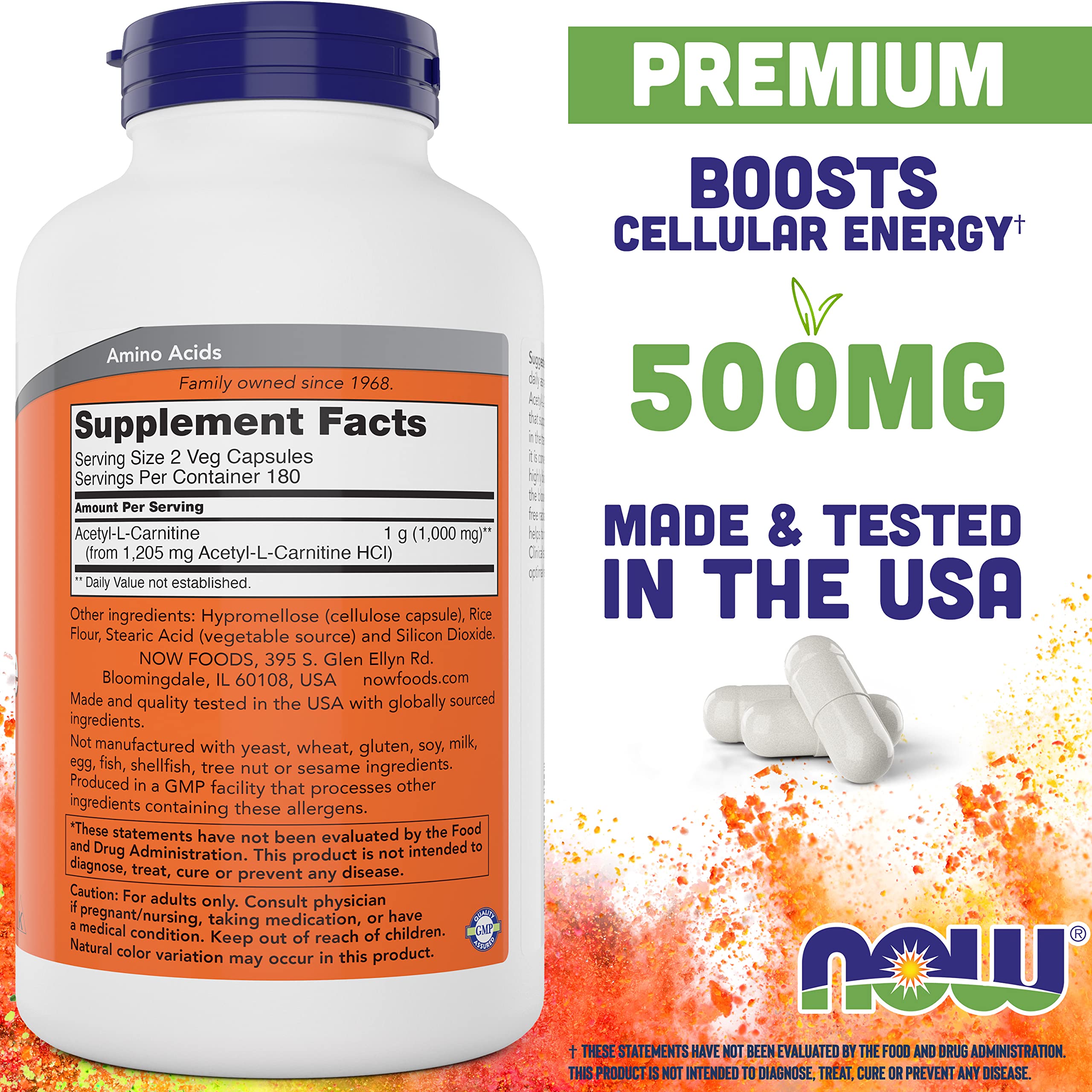 NOW Foods Acetyl-L-Carnitine 1000mg capsules side view