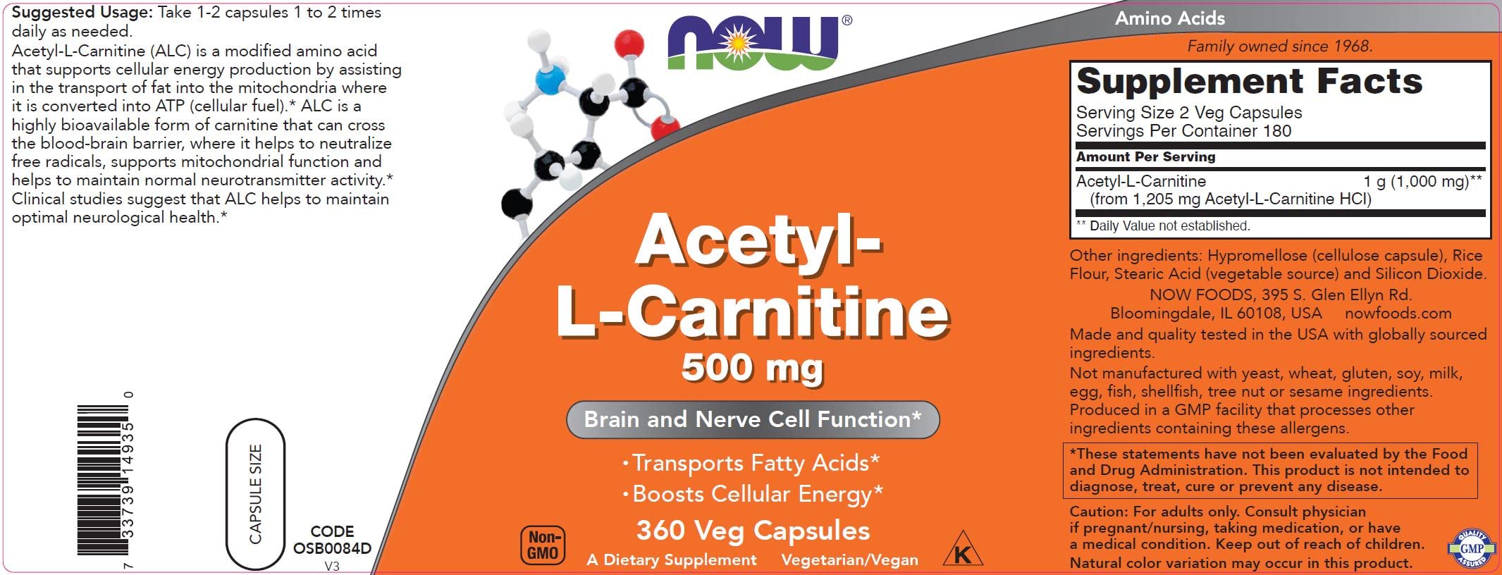 NOW Foods Acetyl-L-Carnitine 1000mg nutritional information