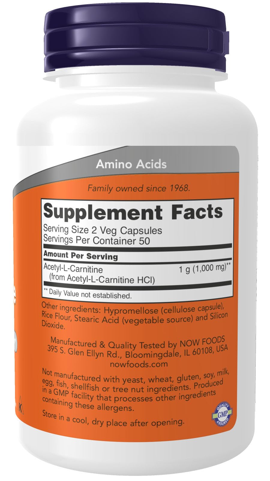 NOW Foods Acetyl-L-Carnitine 100g capsules in a clear bottle