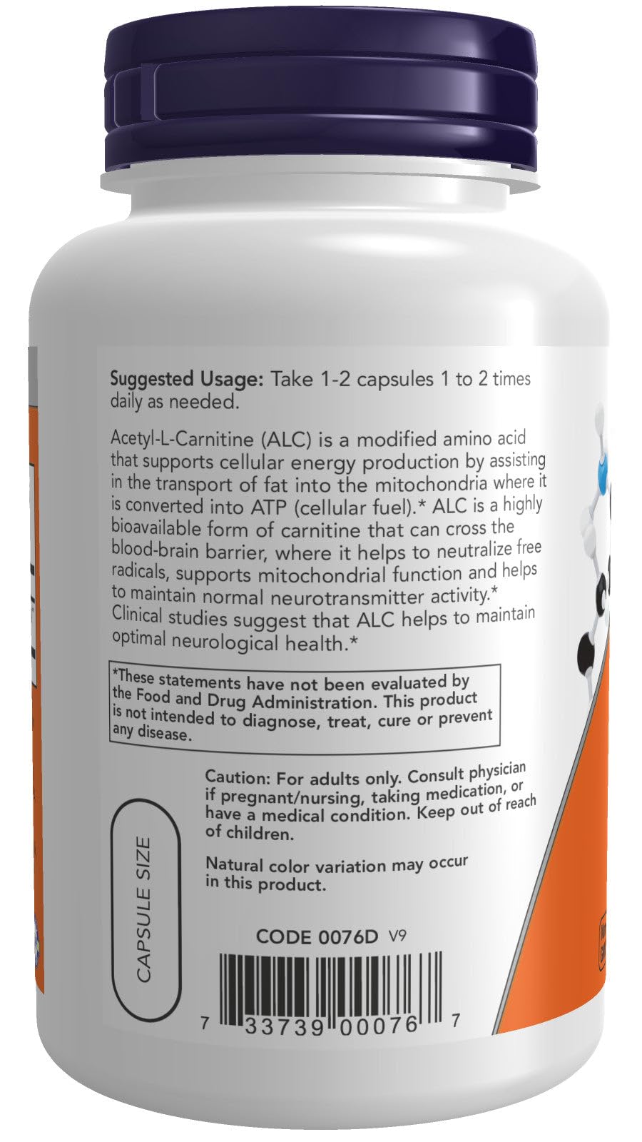 NOW Foods Acetyl-L-Carnitine 100g nutritional information label