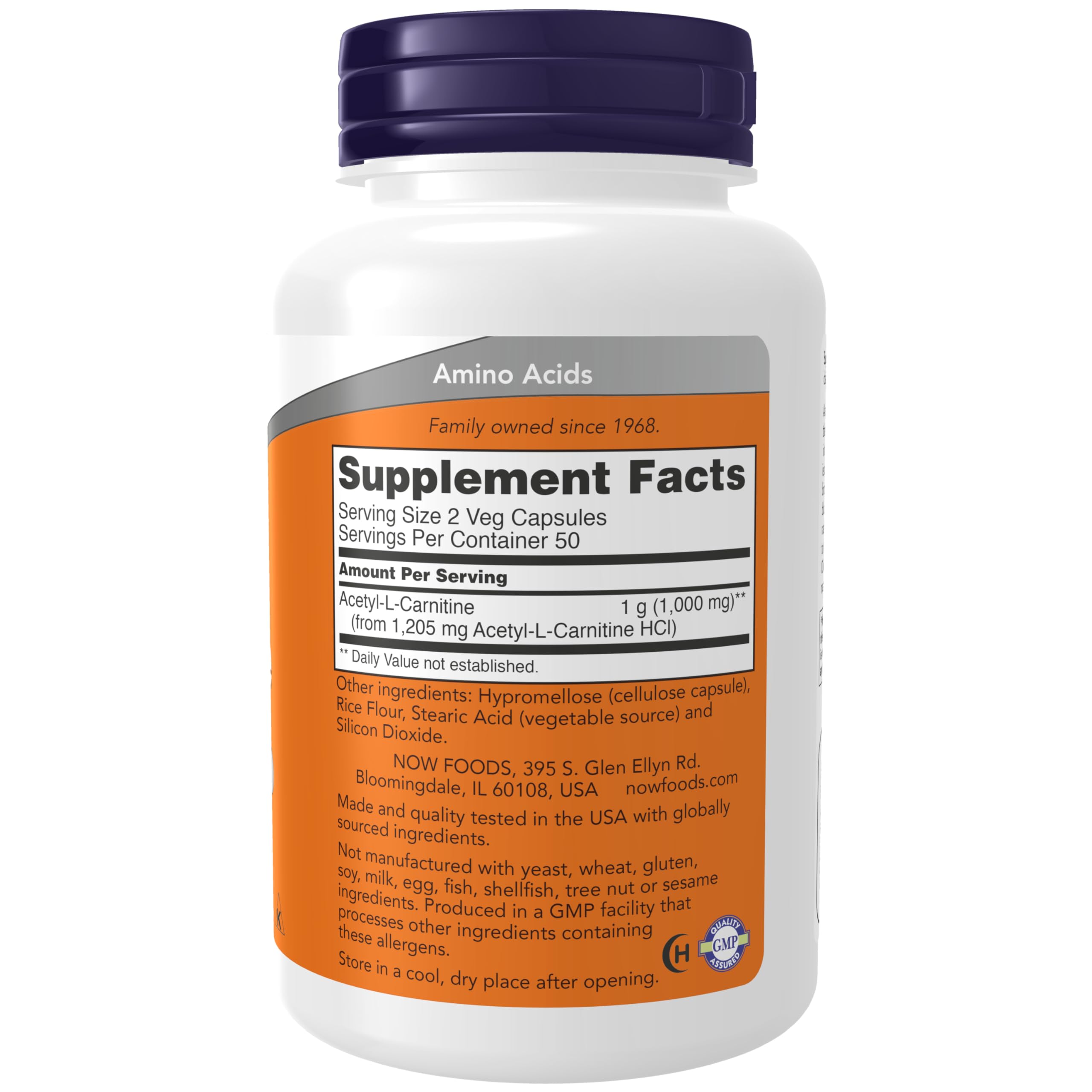 NOW Foods Acetyl-L-Carnitine 113g back view with ingredient list