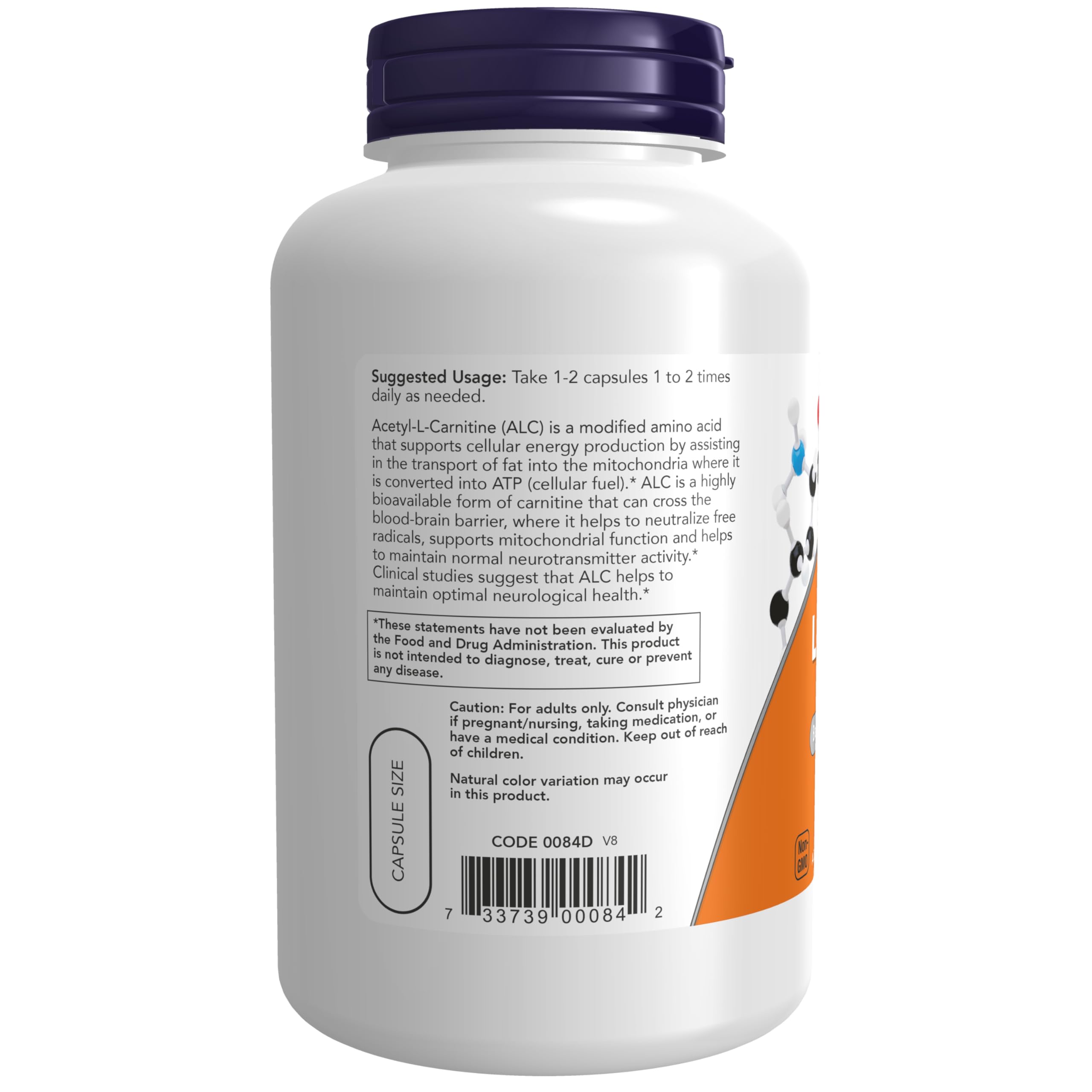 NOW Foods Acetyl-L-Carnitine 417g side view showing capsule size