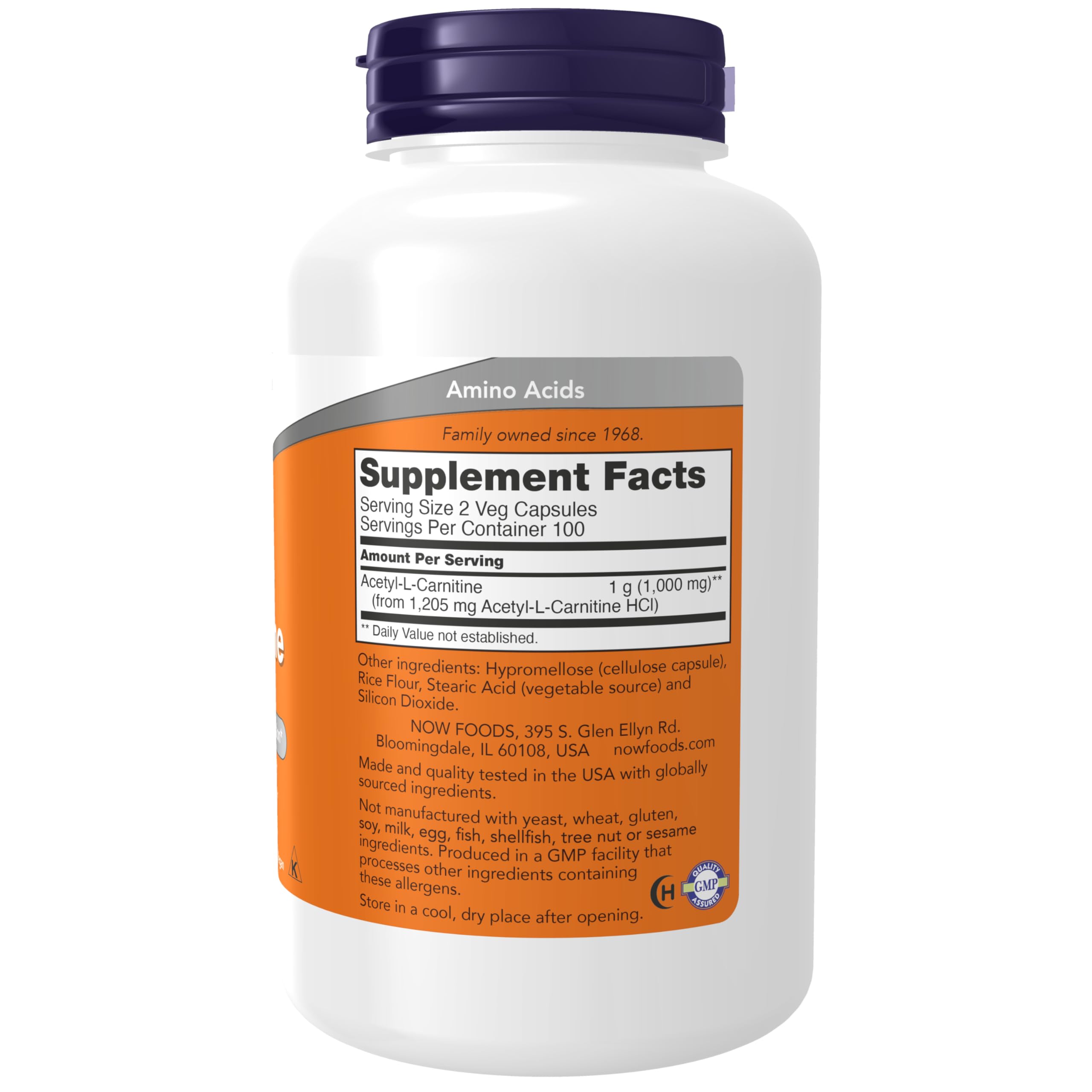 NOW Foods Acetyl-L-Carnitine capsules in a close-up view