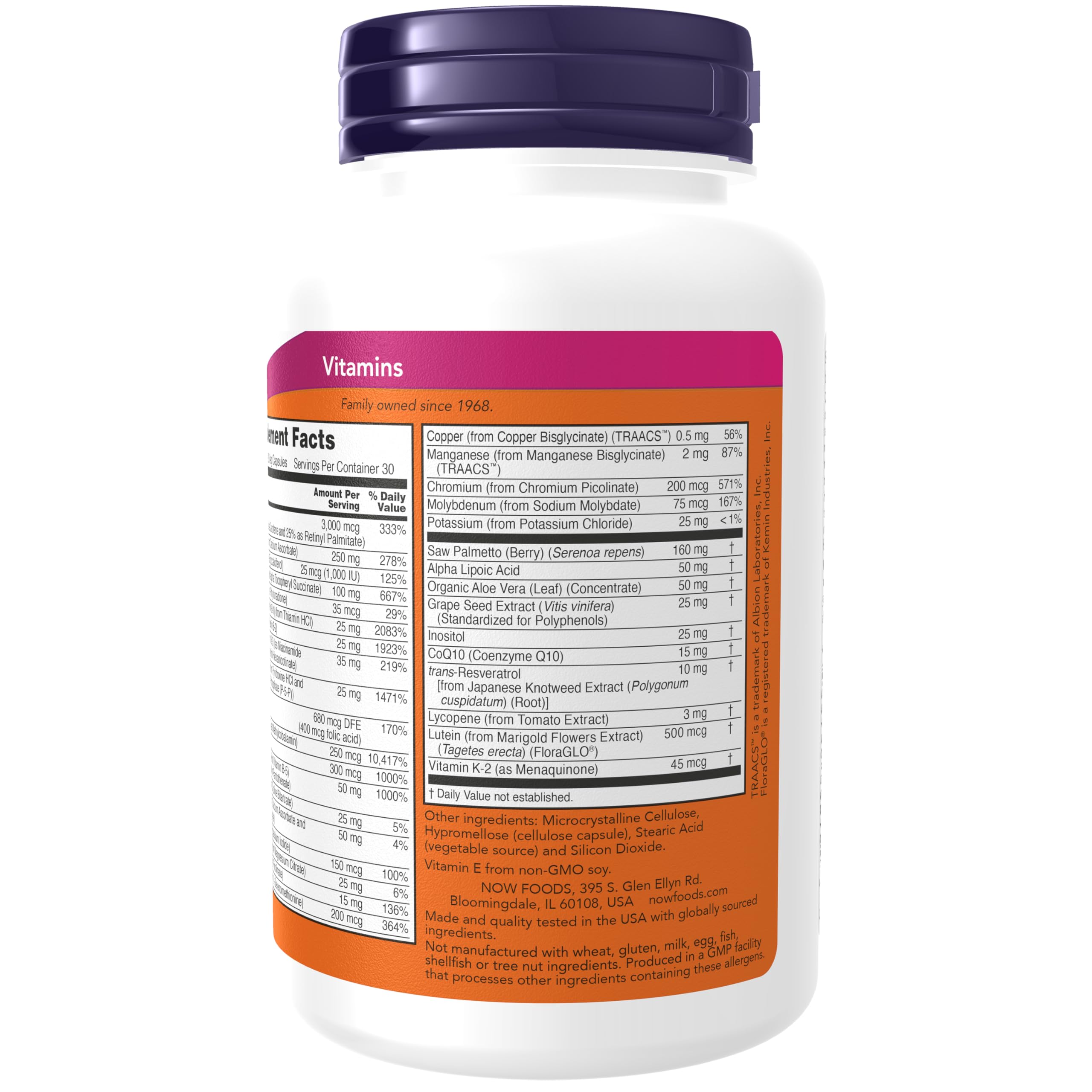 NOW Foods ADAM Men's Multivitamin 110g veggie capsules back view