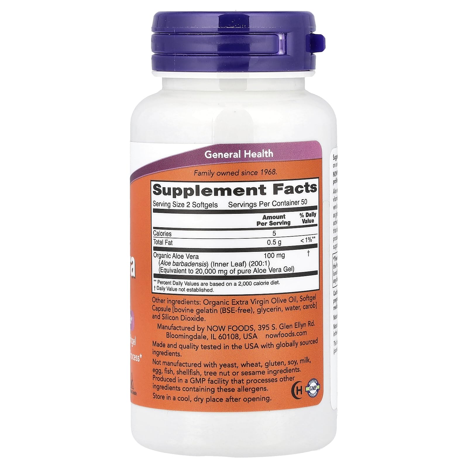 NOW Foods Aloe Vera 10,000 Softgels 100 Count packaging