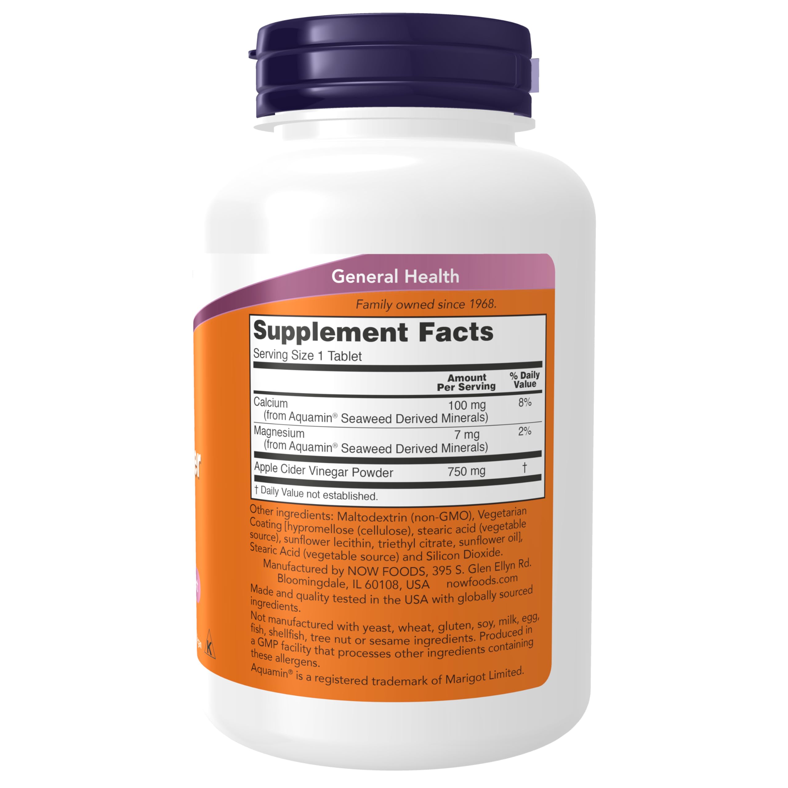 NOW Foods Apple Cider Vinegar Tablets 750mg side view