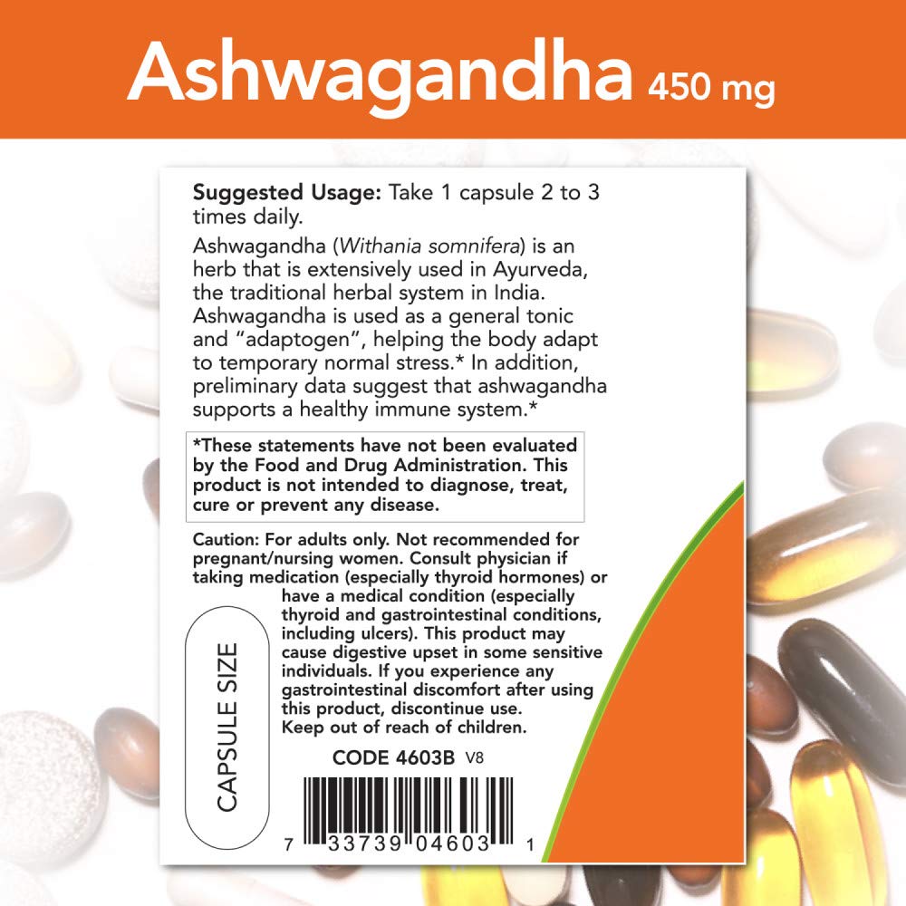 NOW Foods Ashwagandha Extract 450mg 90 VCaps bottle with label
