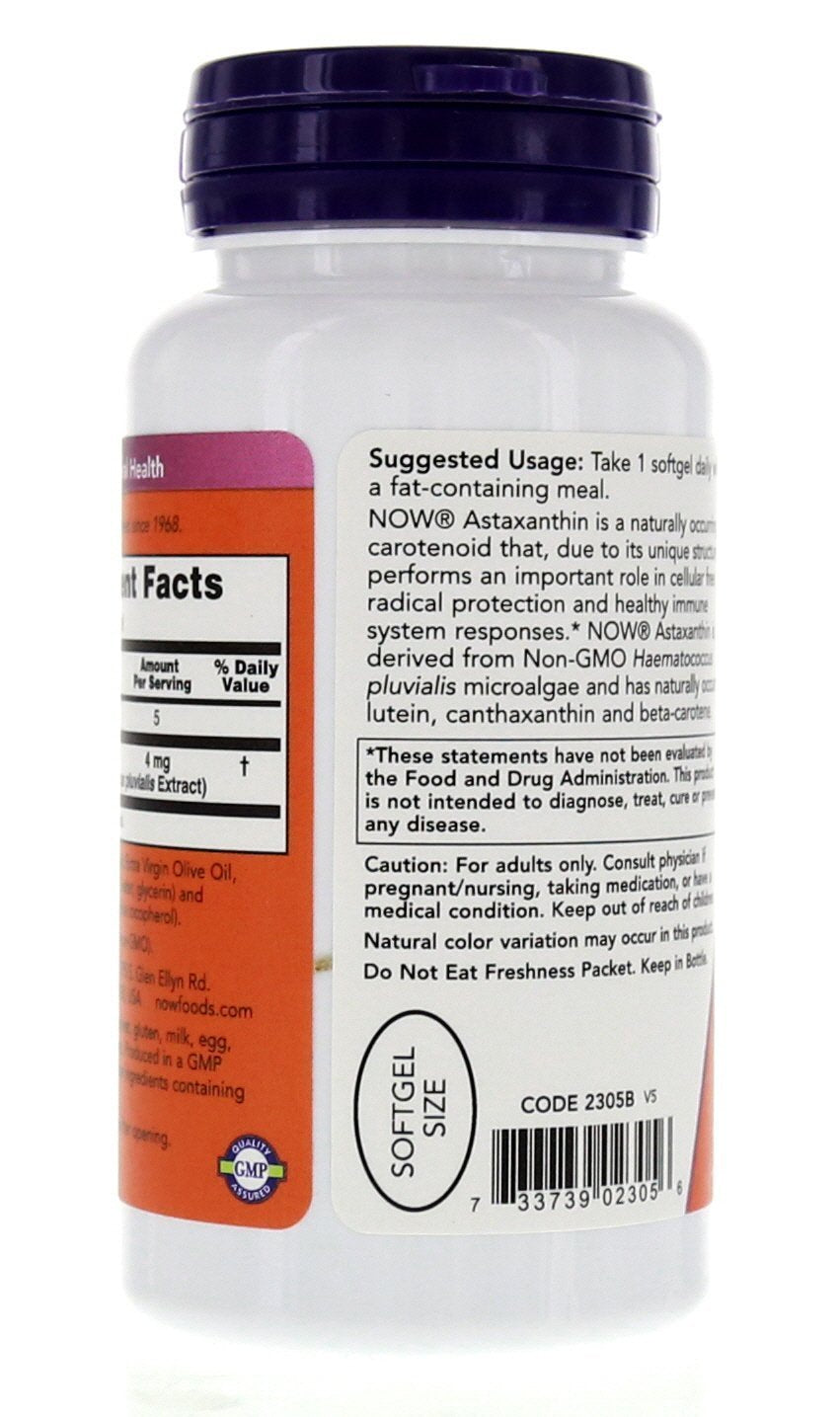 NOW Foods Astaxanthin Softgels on a wooden table