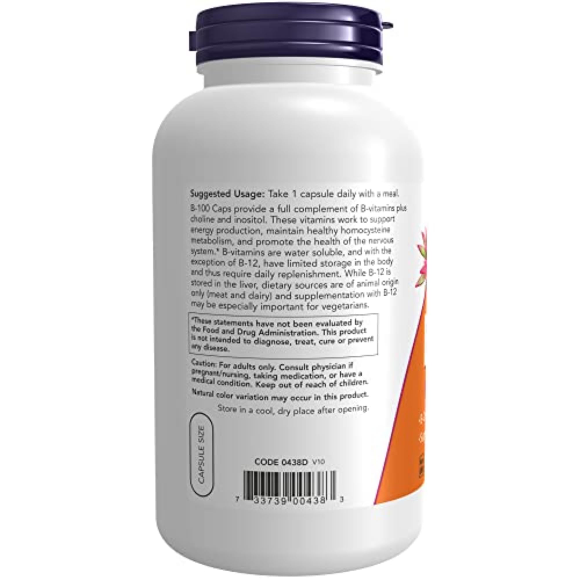NOW Foods B-100 Caps B-Complex 250 Veg Capsules back view