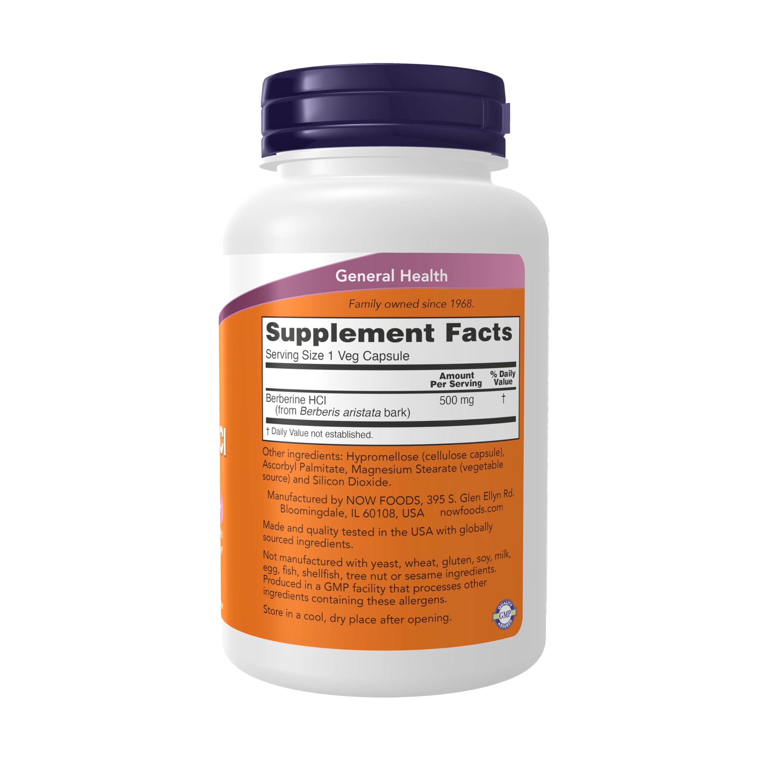 NOW Foods Berberine HCl 500mg capsule bottle side view