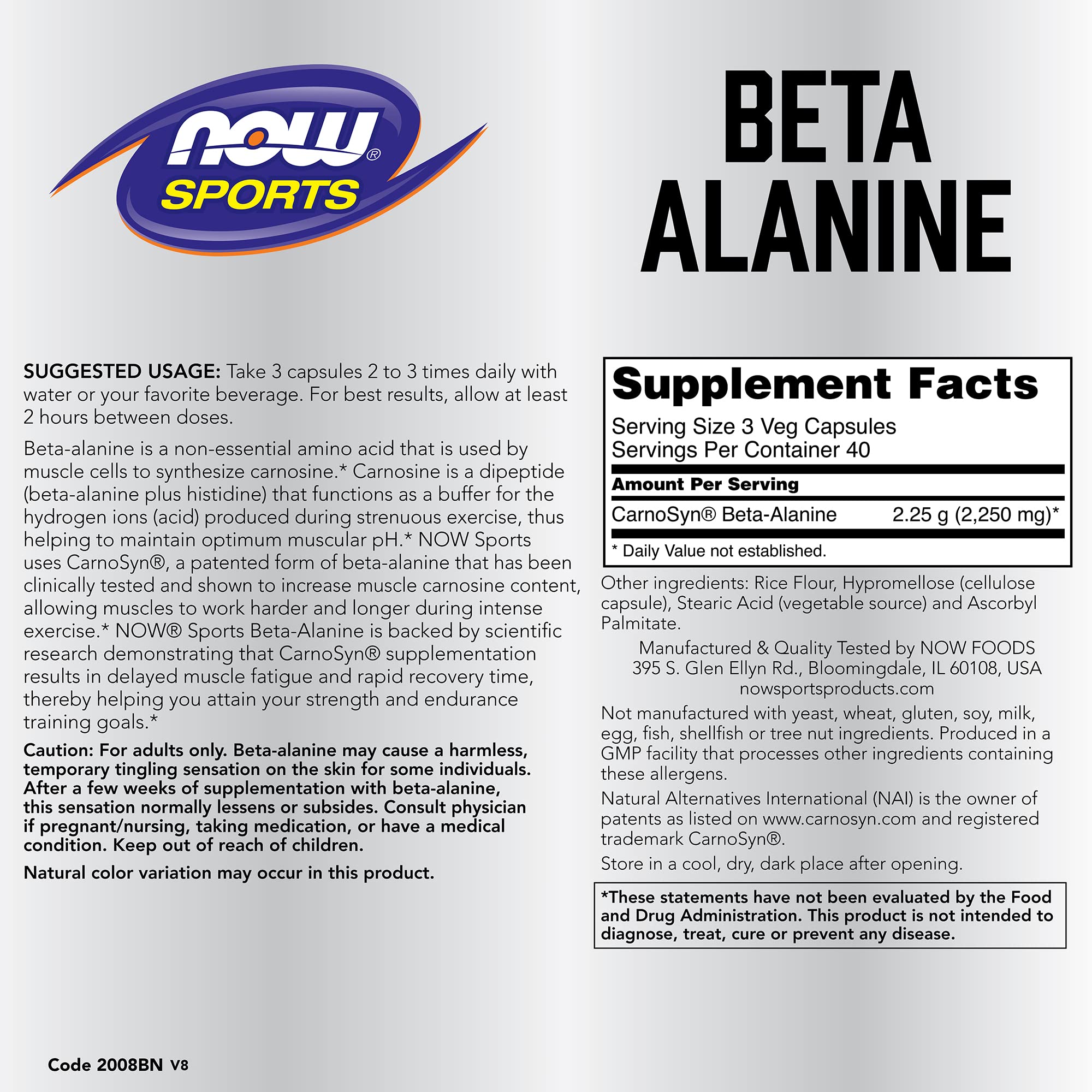 NOW Foods Beta-Alanine 120 Capsules Pack of 2 side view