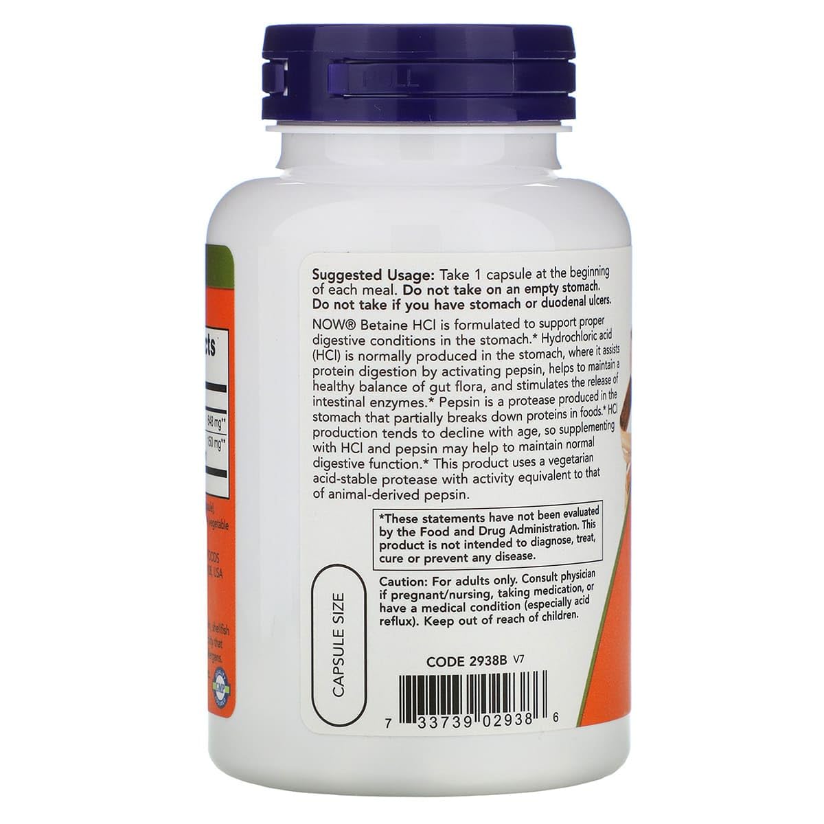 NOW Foods Betaine HCl 648mg 120 Capsules back view