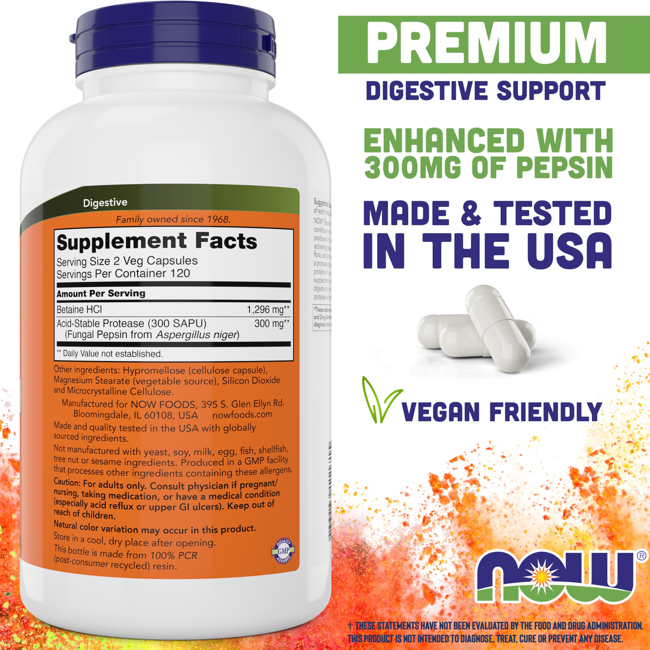 NOW Foods Betaine HCl 648mg 240 Veg Capsules packaging