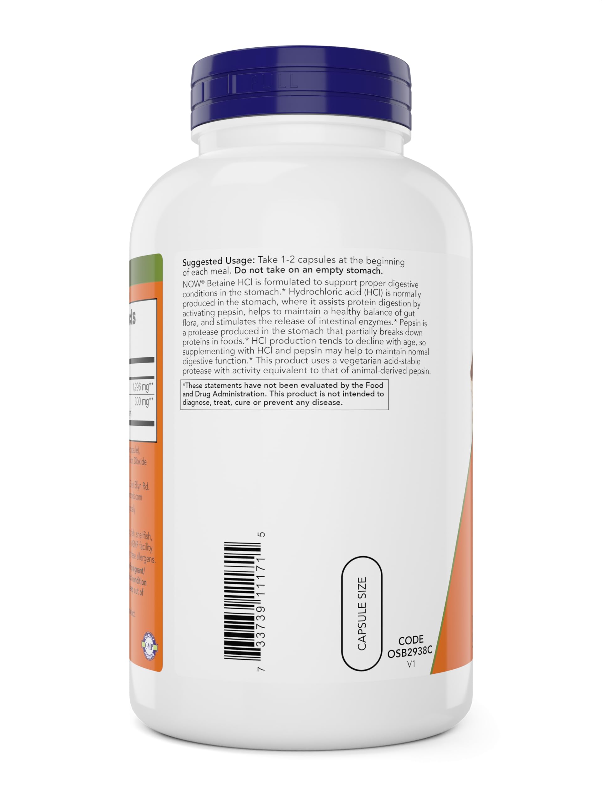 NOW Foods Betaine HCl 648mg 240 Veg Capsules side view