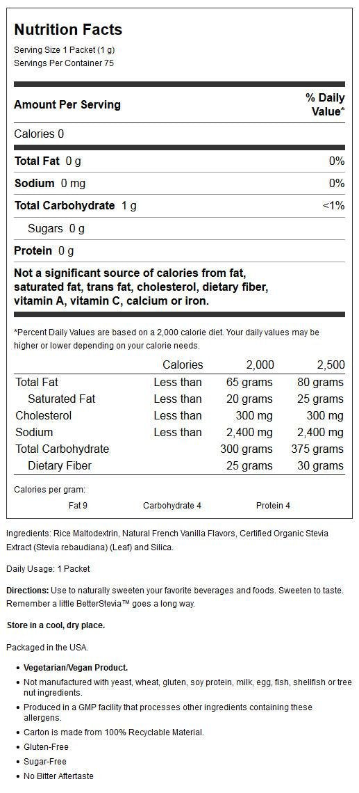 NOW Foods Better Stevia Vanilla Packet close-up showing individual packets