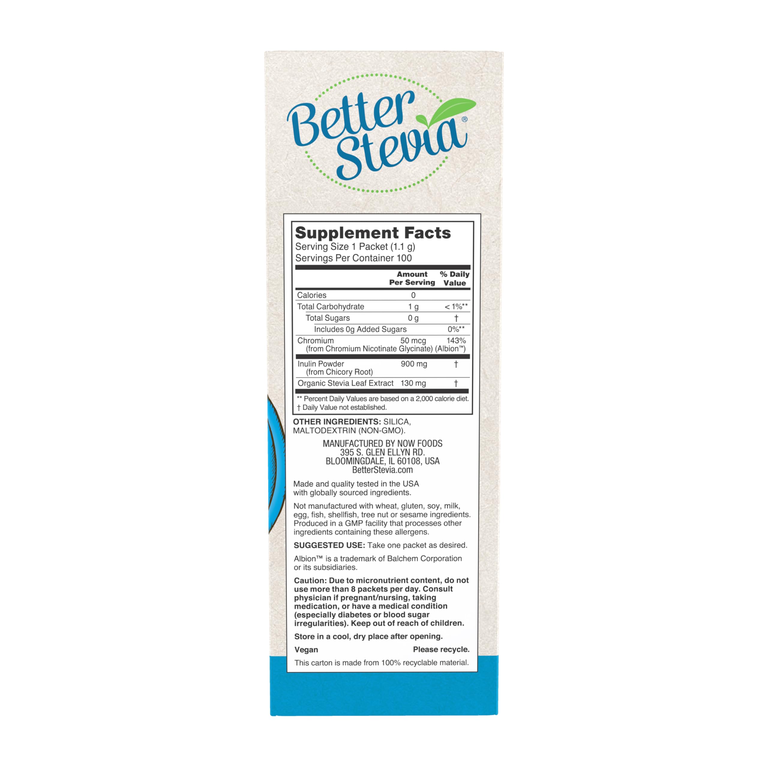 NOW Foods BetterStevia Balance packet side view showing ingredients