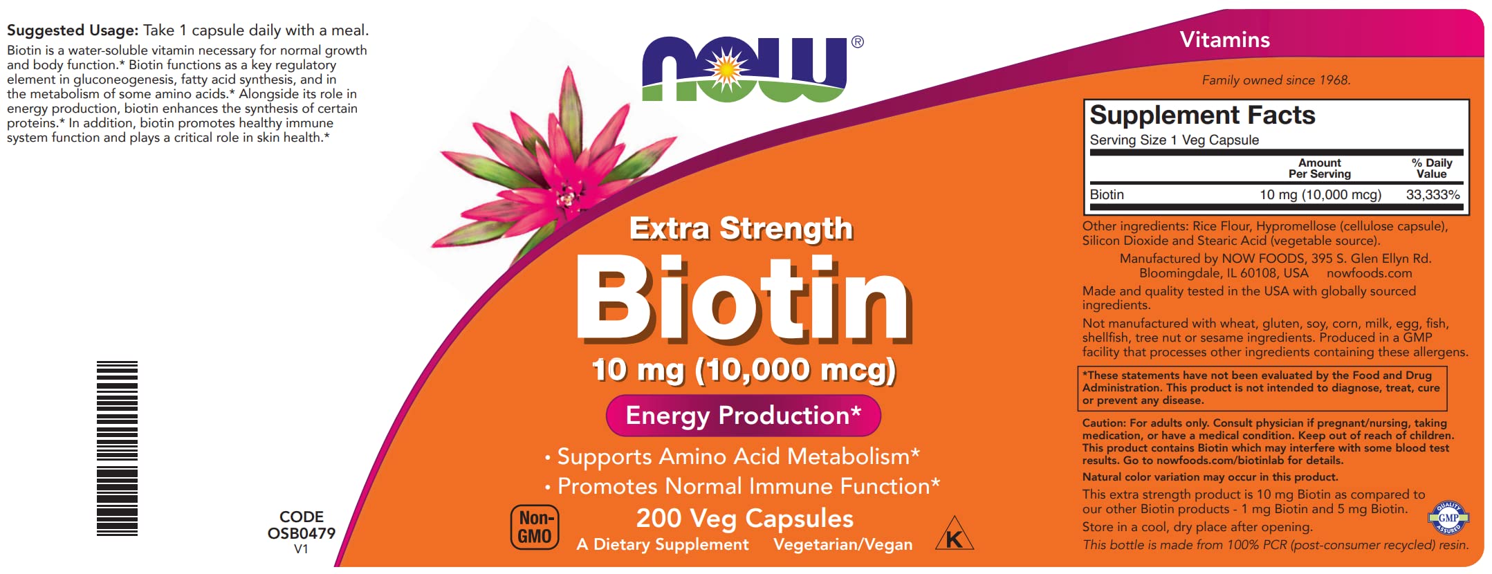 NOW Foods Biotin 10,000 mcg Veg Caps bottle on a wooden table