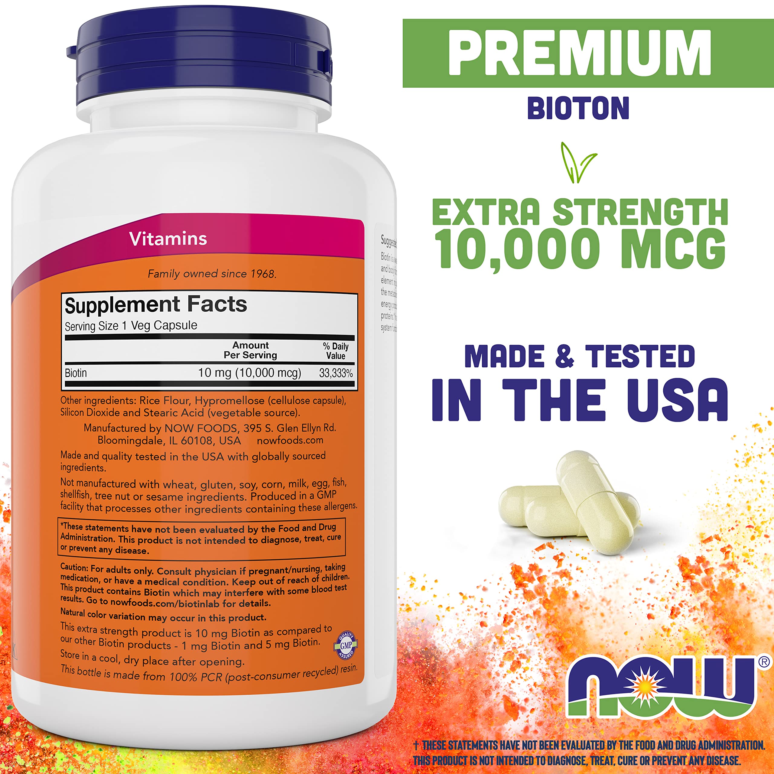 NOW Foods Biotin 10,000 mcg Veg Caps side view showing capsule