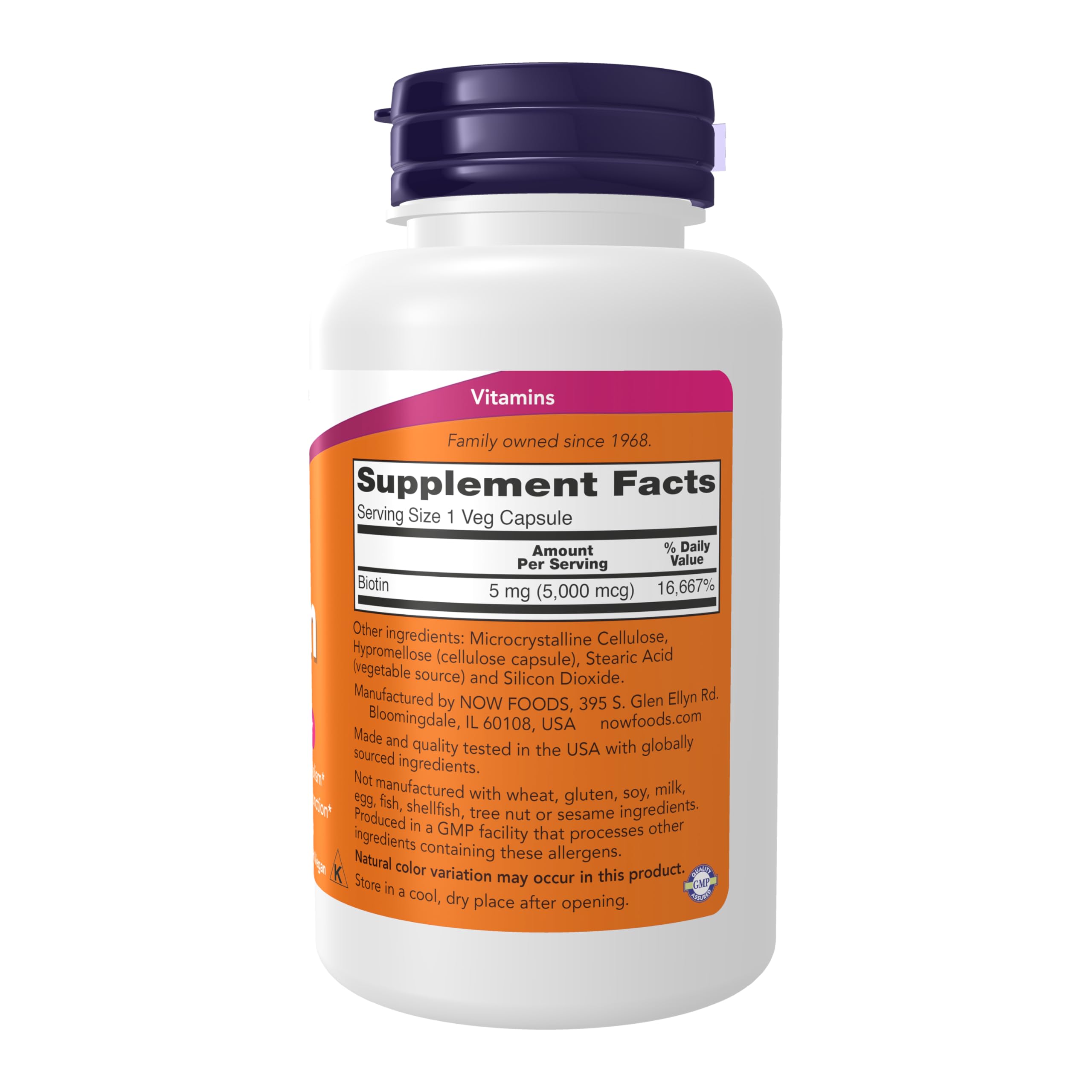 NOW Foods Biotin 68g back view with nutritional information