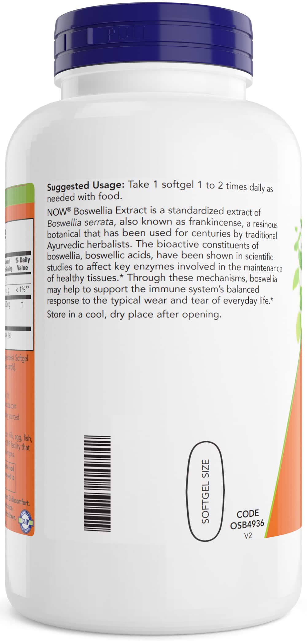 NOW Foods Boswellia Extract 500mg softgel bottle side view