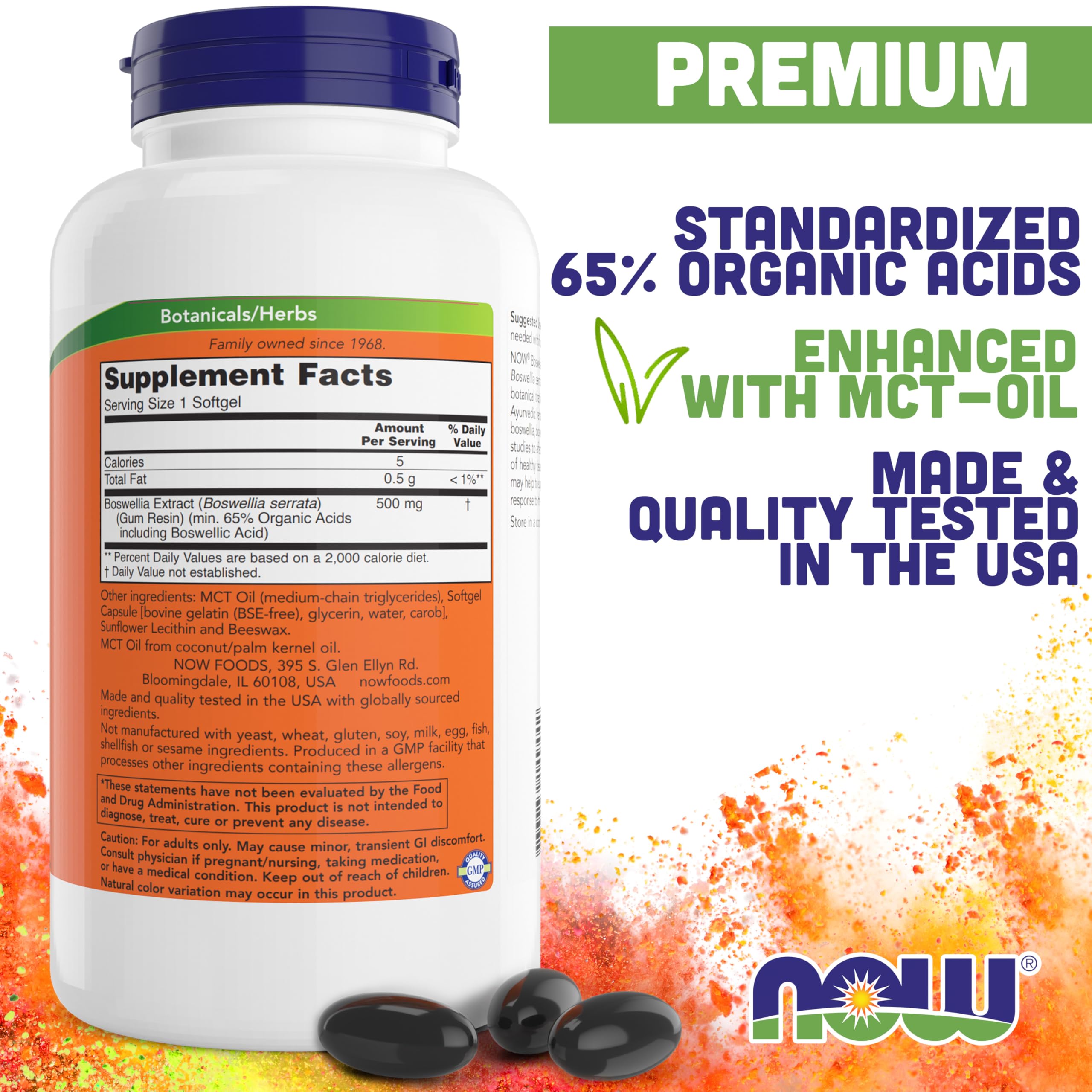 NOW Foods Boswellia Extract 500mg softgel capsule close-up