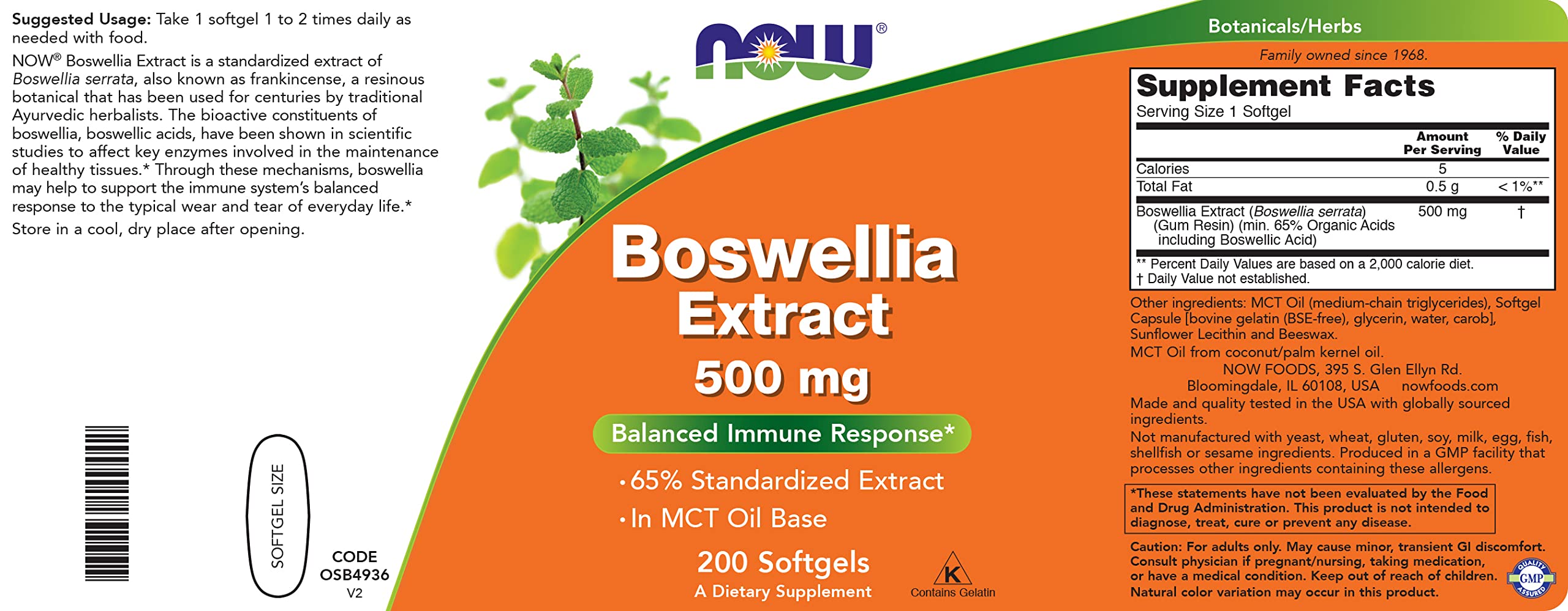 NOW Foods Boswellia Extract 500mg softgel ingredients list