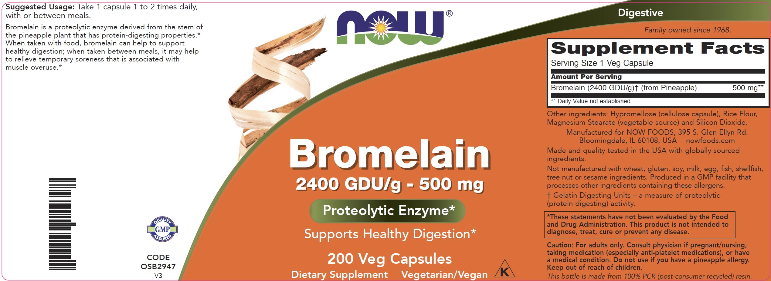 NOW Foods Bromelain Capsules 500mg bottle with label