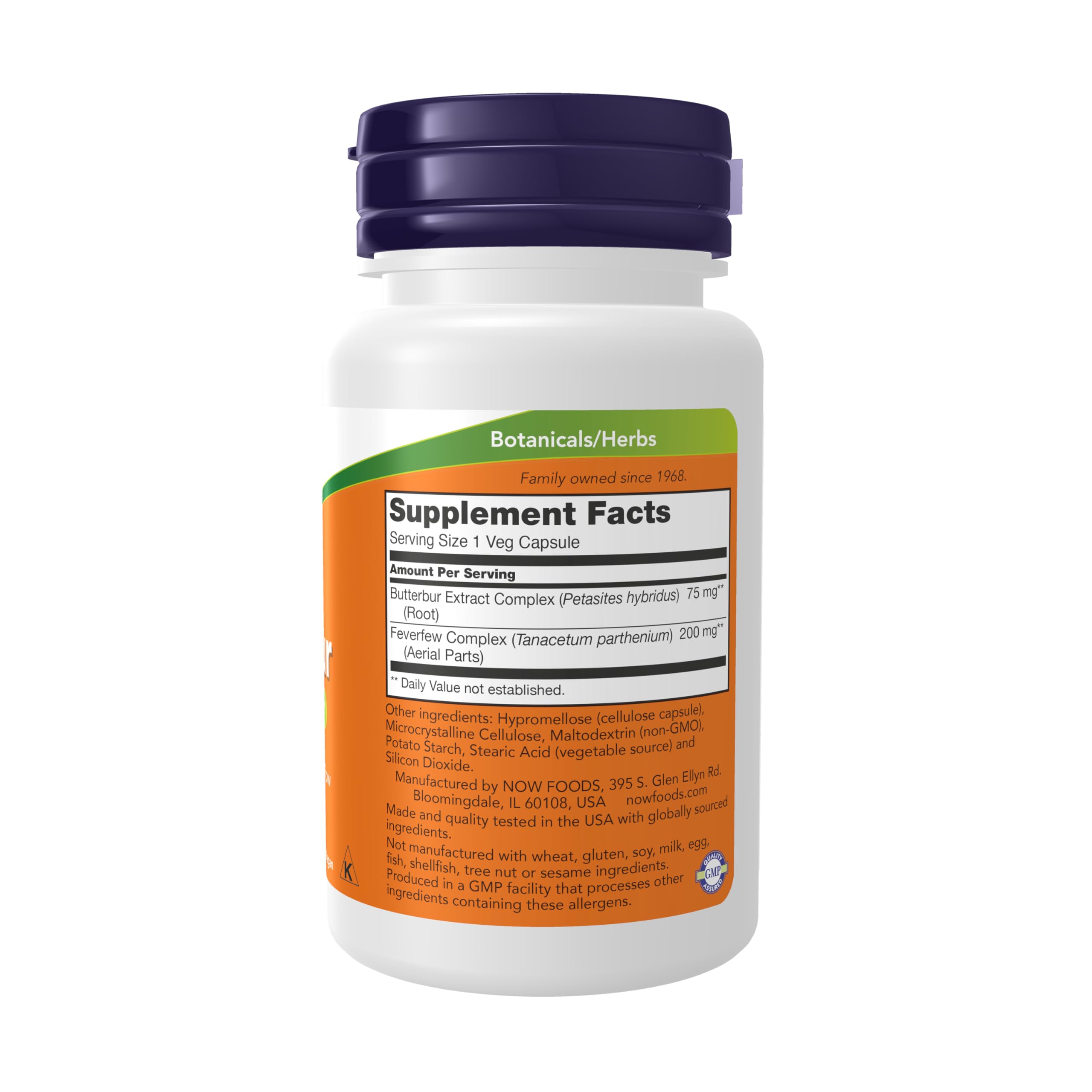 NOW Foods Butterbur with Feverfew 50g capsules side view